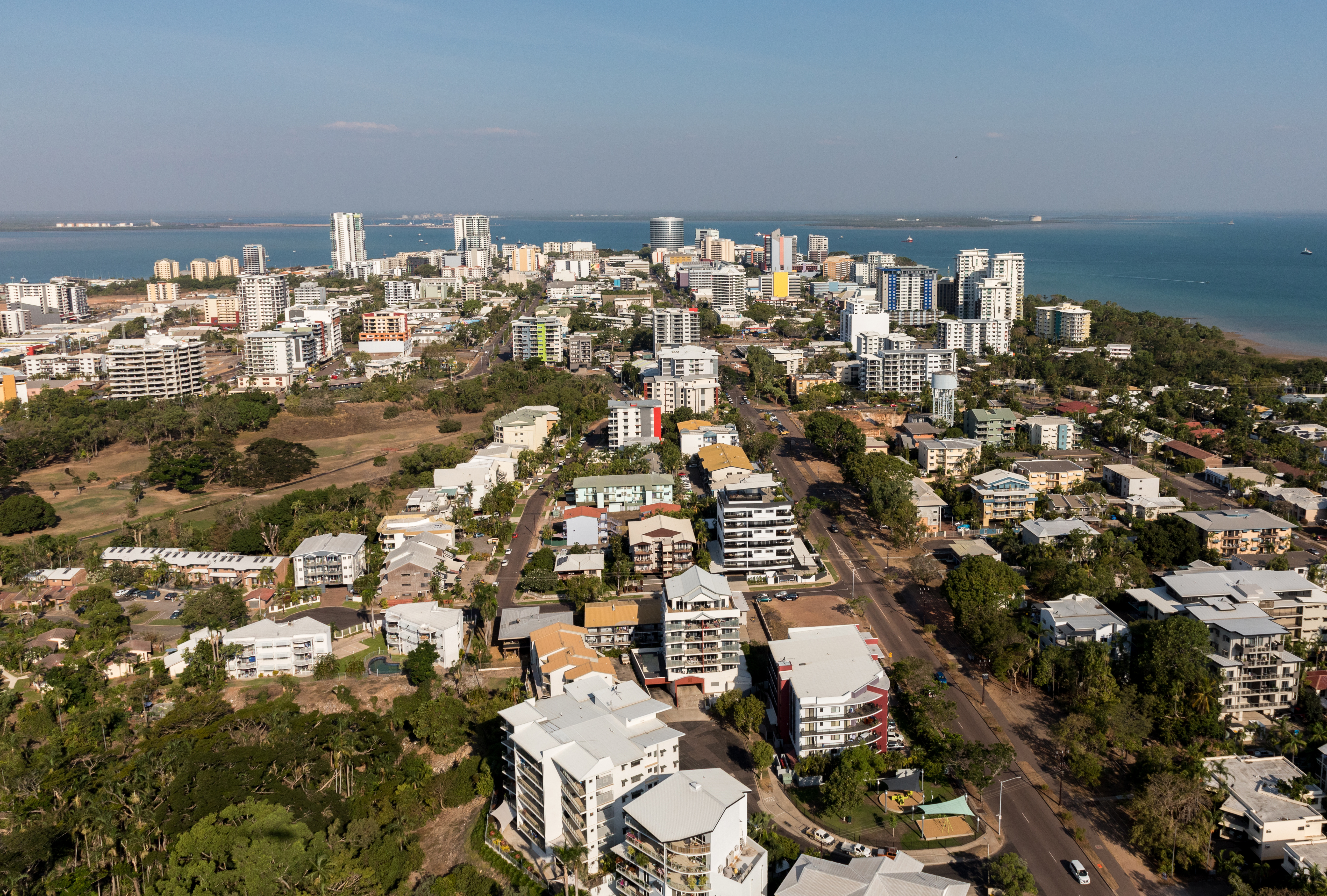 An aerial photo of Darwin, the capital city of the Northern Territory of Australia showing the central business district and nearby suburbs