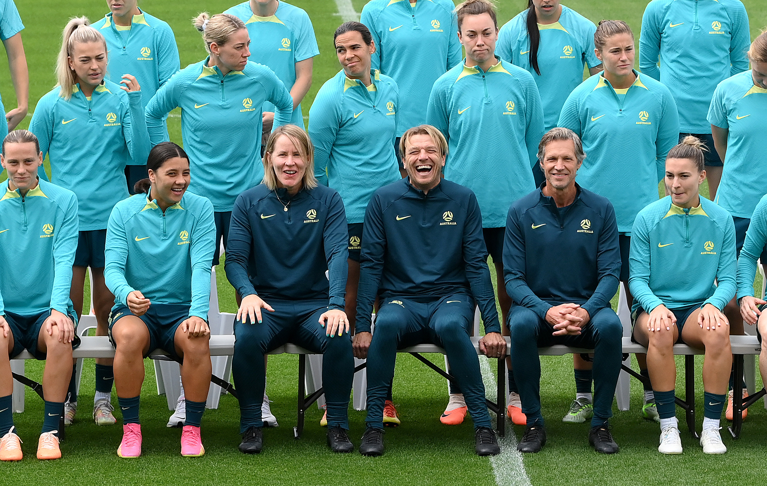 Tony Gustavsson poses with the Matildas' FIFA Women's World Cup squad.