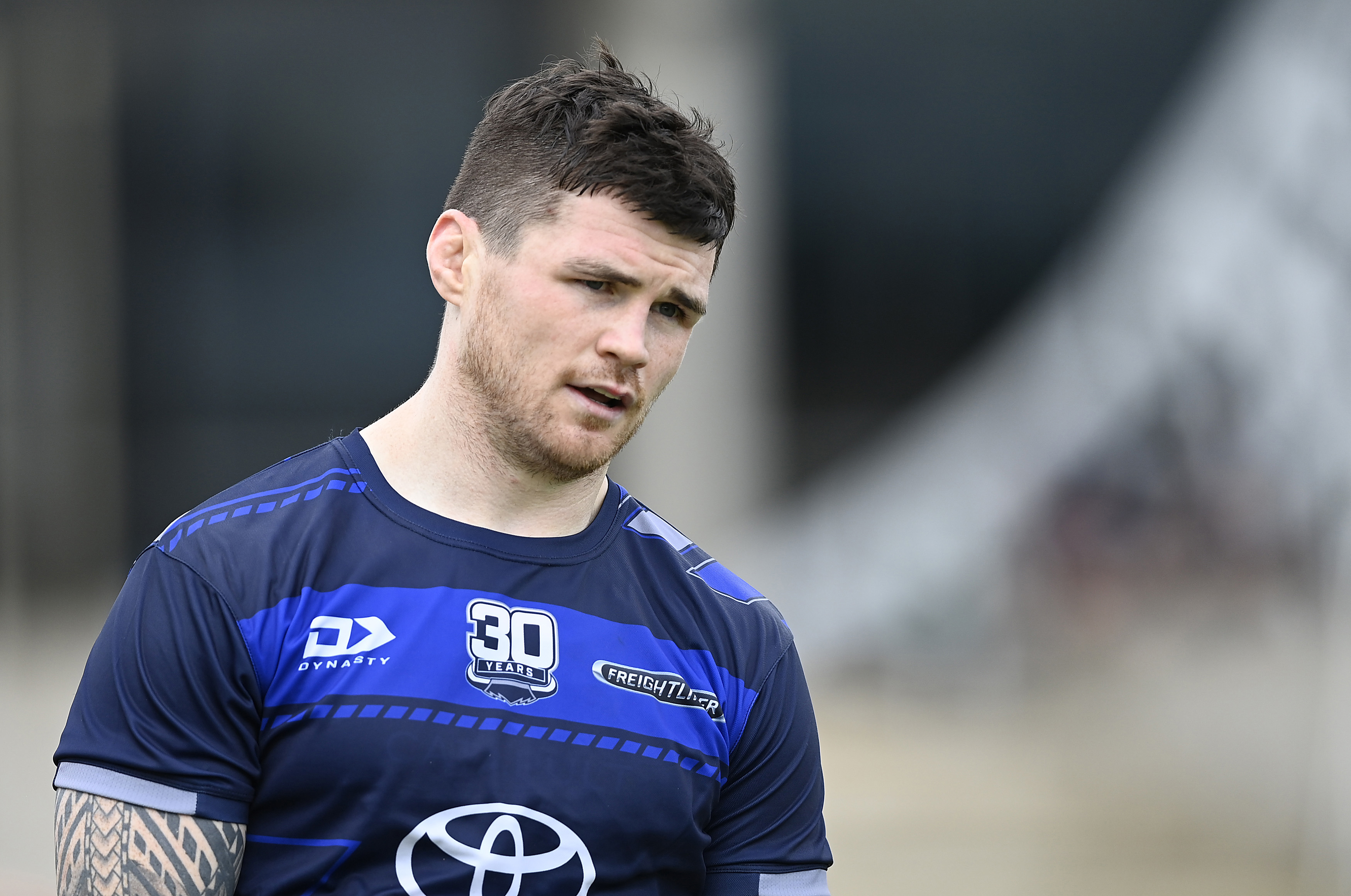 John Bateman of the Cowboys looks on during a North Queensland Cowboys NRL training session at Queensland Country Bank Stadium on January 14, 2025 in Townsville, Australia. (Photo by Ian Hitchcock/Getty Images)