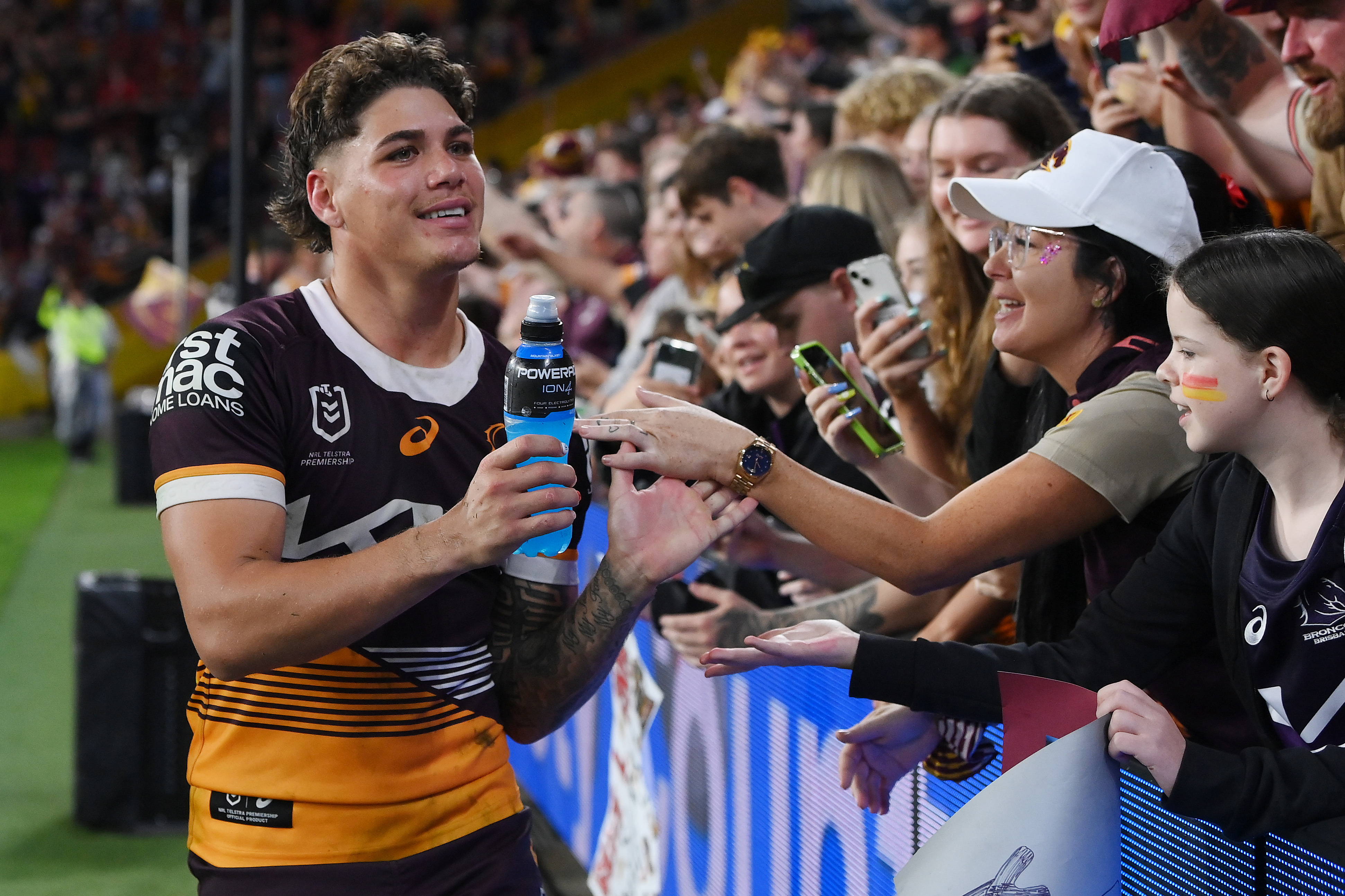 Reece Walsh interacts with the crowd following the Broncos' NRL Qualifying Final win over the Melbourne Storm at Suncorp Stadium on September 08, 2023 in Brisbane, Australia. (Photo by Bradley Kanaris/Getty Images)