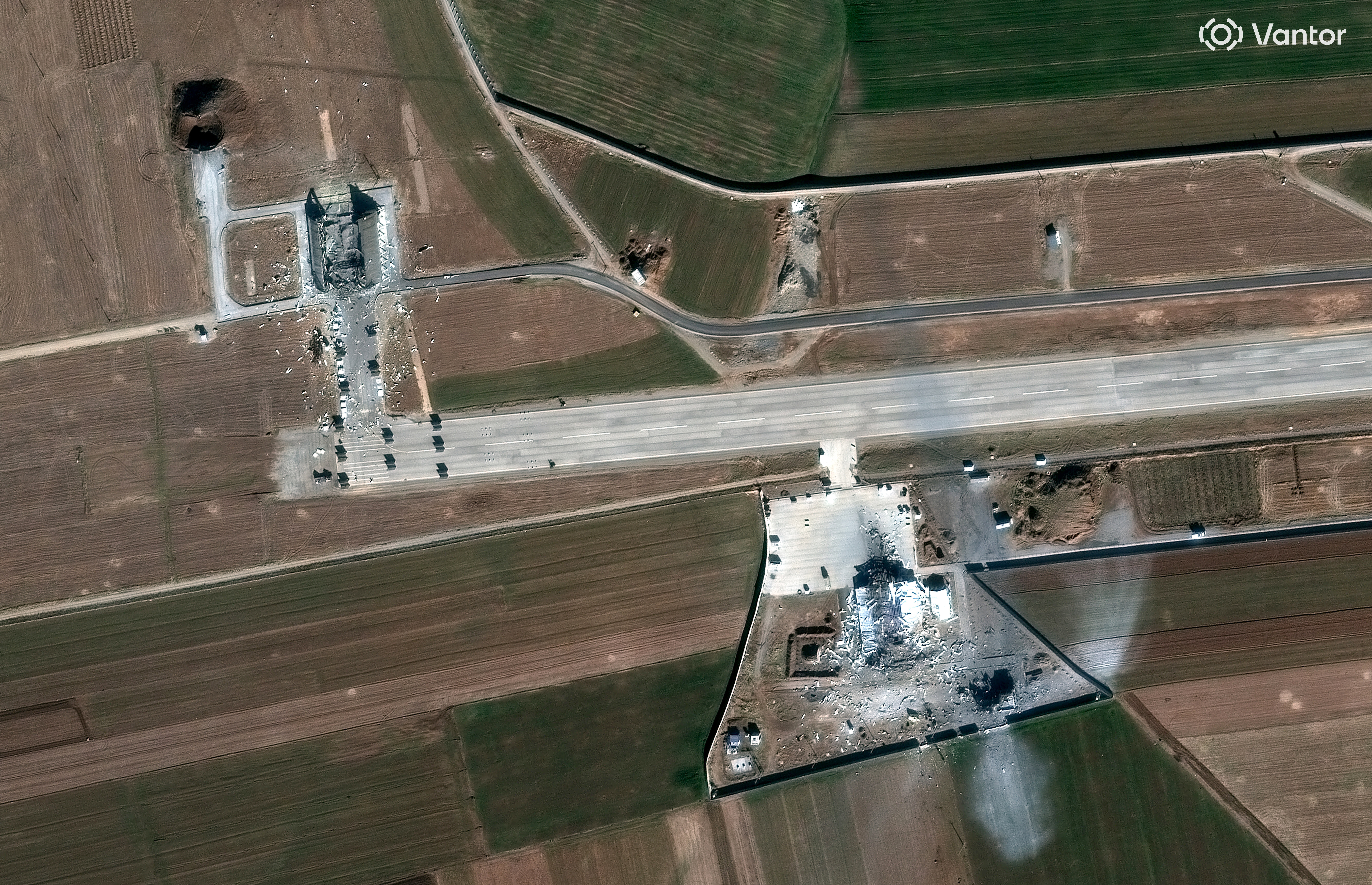 This satellite image provided by Vantor shows after airstrikes destroyed buildings and equipment at a drone base at Choqa Balk-e facility, west of Kermanshah, Iran, Monday, March 2, 2026.