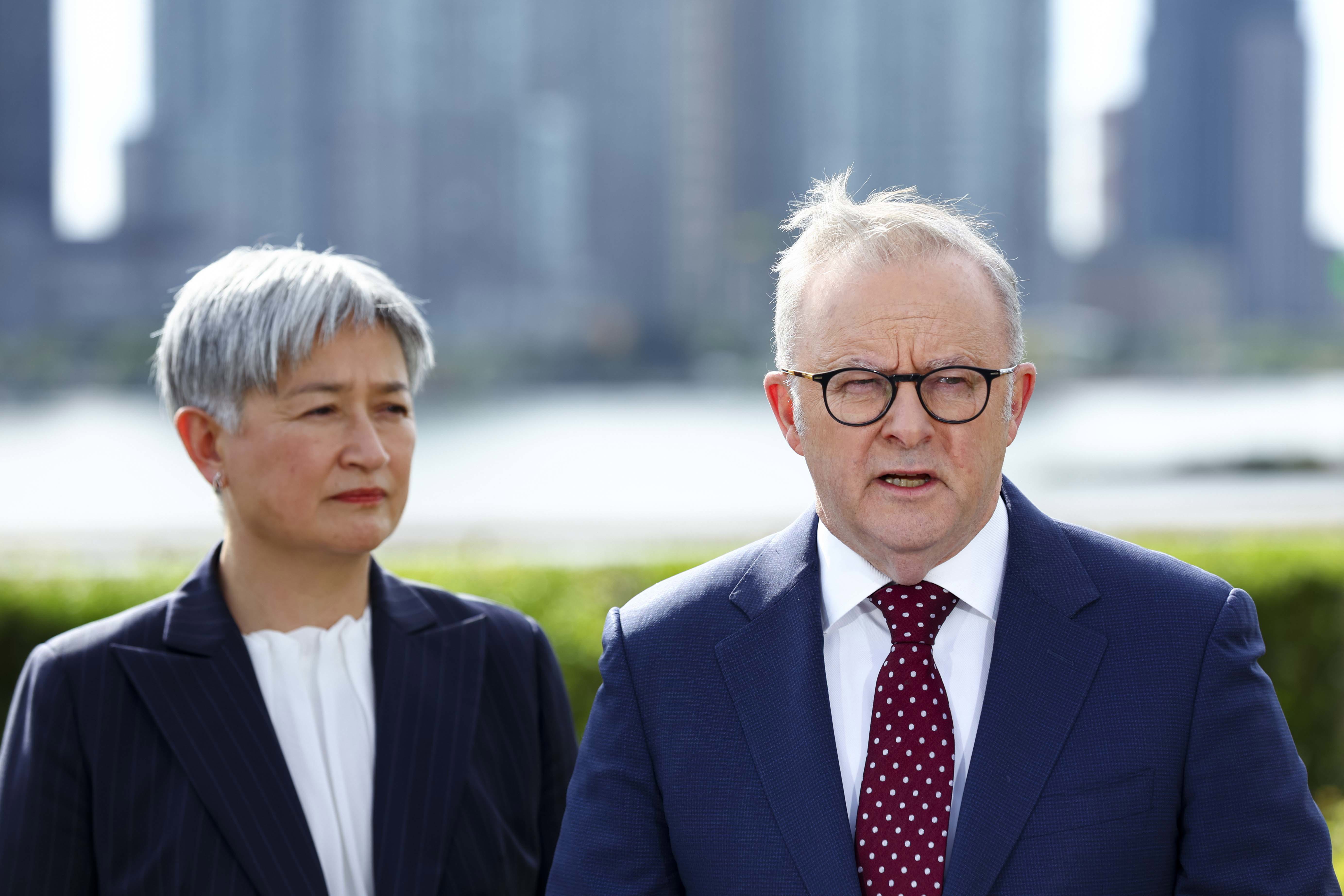Prime Minister Anthony Albanese and Minister for Foreign Affairs Penny Wong during a press conference on Australia formally recognising the State of Palestine.
