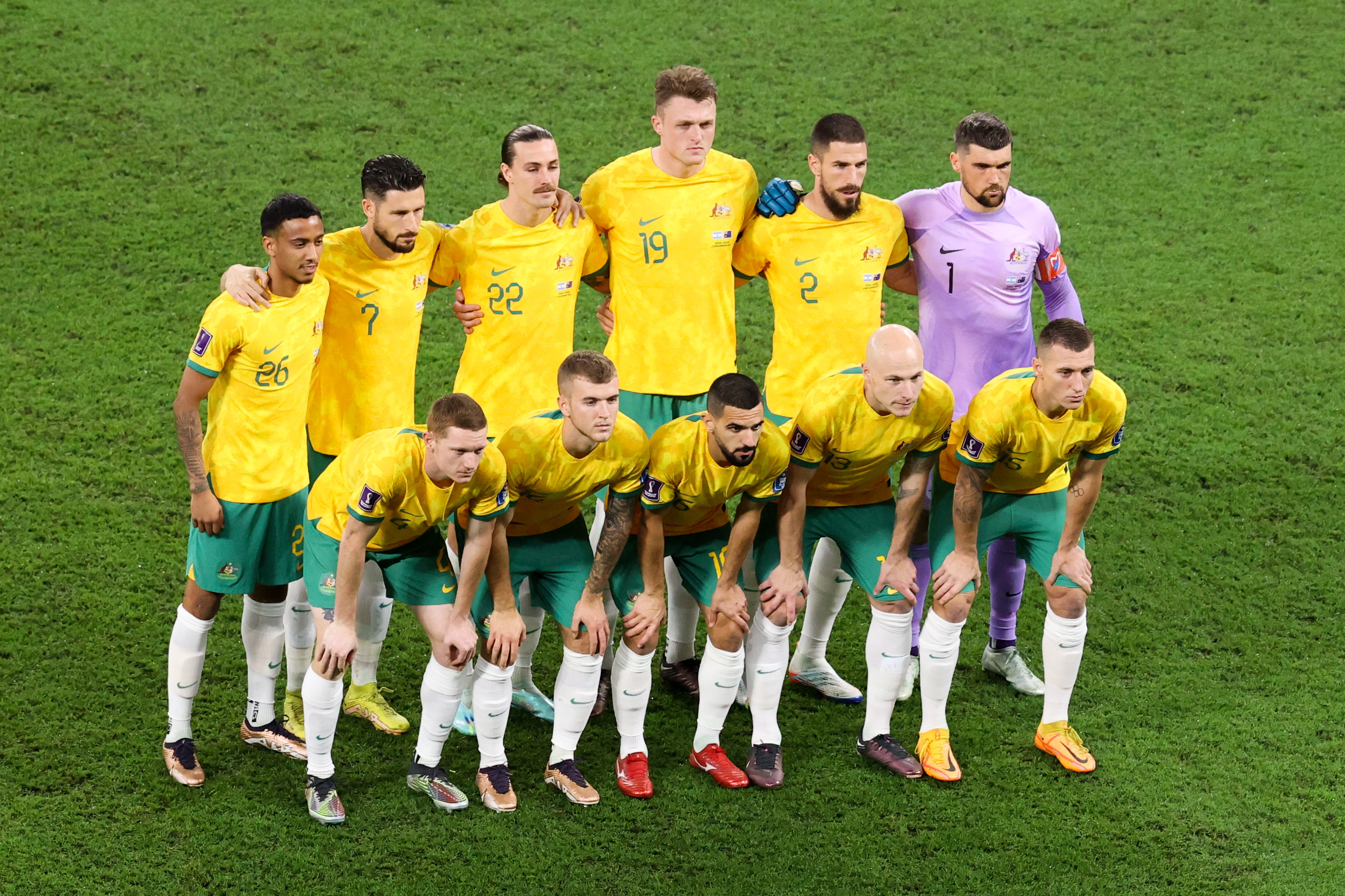 DOHA, QATAR - DECEMBER 03: Players of Australia line up for team photo during the FIFA World Cup Qatar 2022 Round of 16 match between Argentina and Australia at Ahmad Bin Ali Stadium on December 03, 2022 in Doha, Qatar. (Photo by Zhizhao Wu/Getty Images)