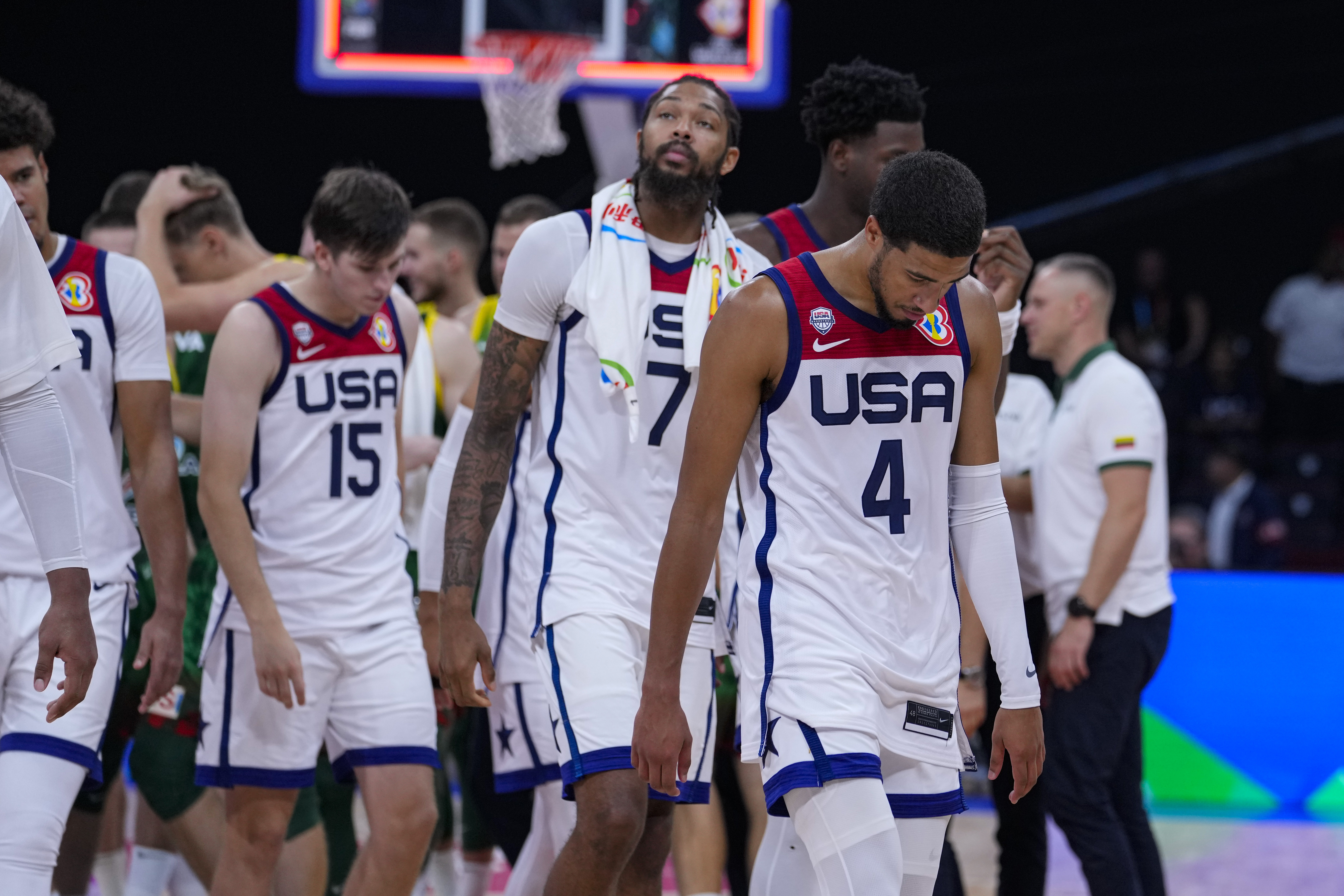 US guard Tyrese Haliburton leads the team off the court after a loss to Lithuania.
