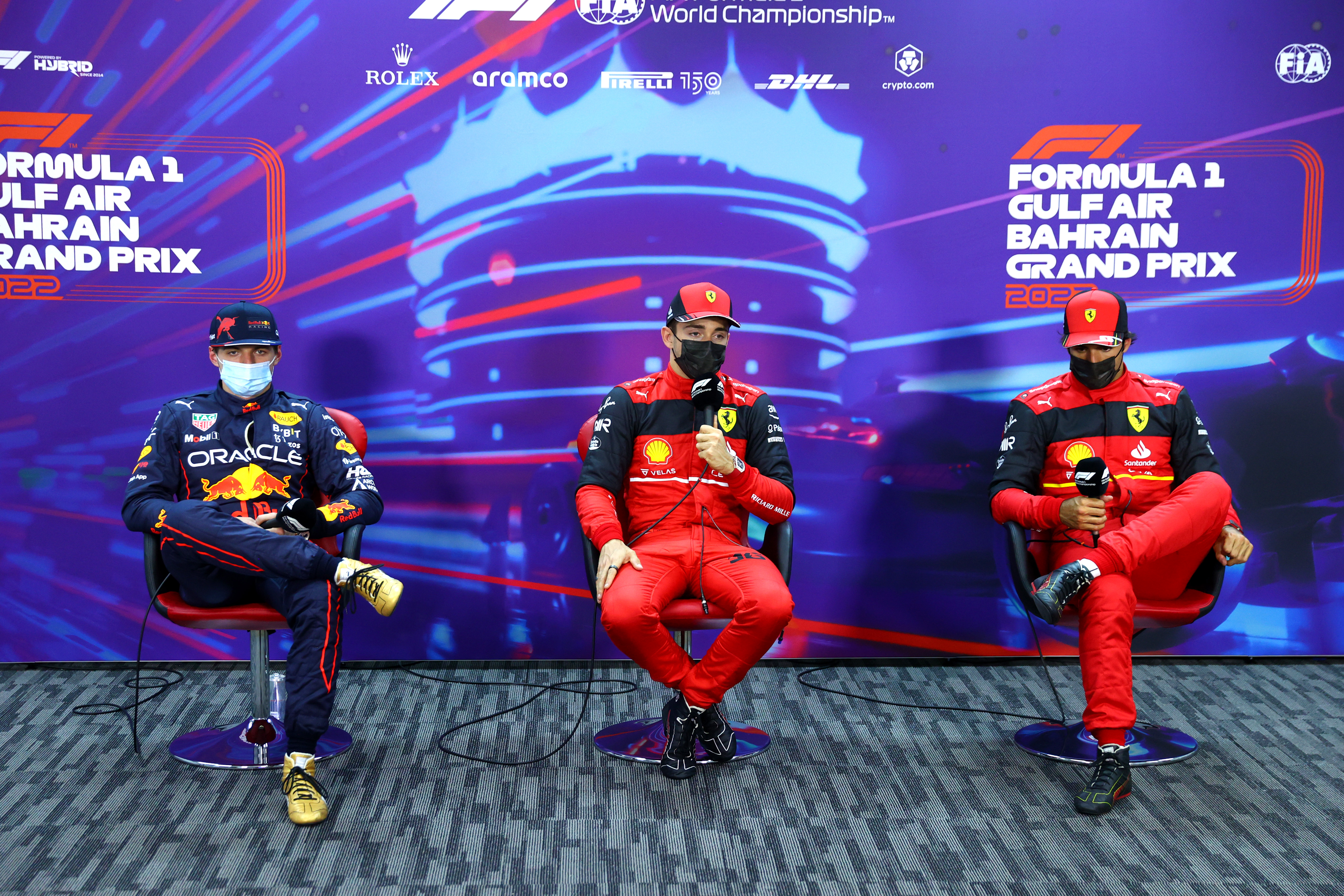 Charles Leclerc, Max Verstappen and Carlos Sainz talk in the press conference after qualifying ahead of the Bahrain Grand Prix.