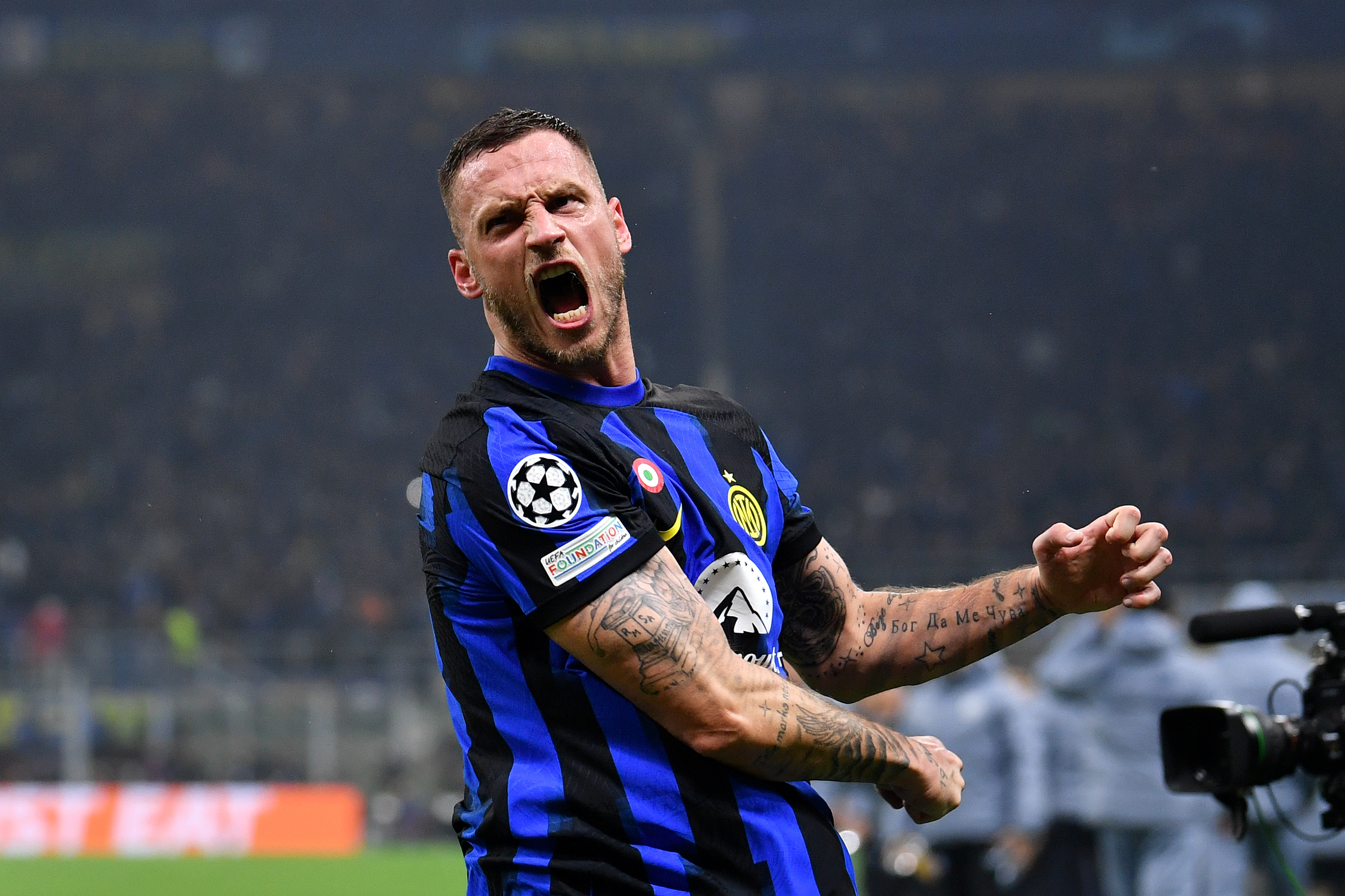 Marko Arnautovic celebrates scoring in Milan.