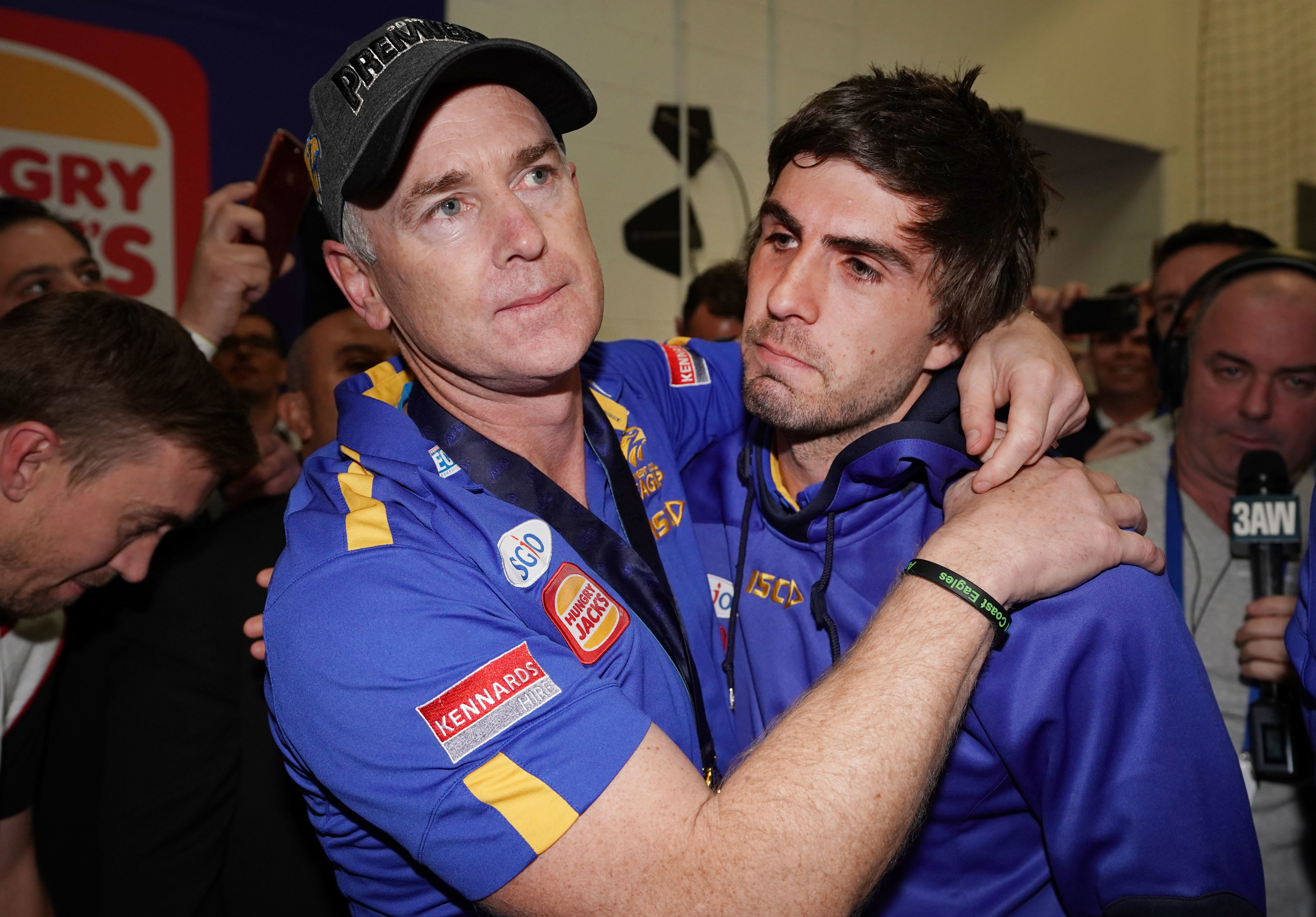 Andrew Gaff after missing the Eagles 2018 premiership win over Collingwood, with coach Adam Simpson.