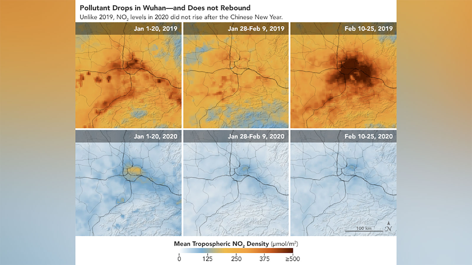 Images over Wuhan showing the pollutant numbers dropping but not rebounding. Credit: NASA