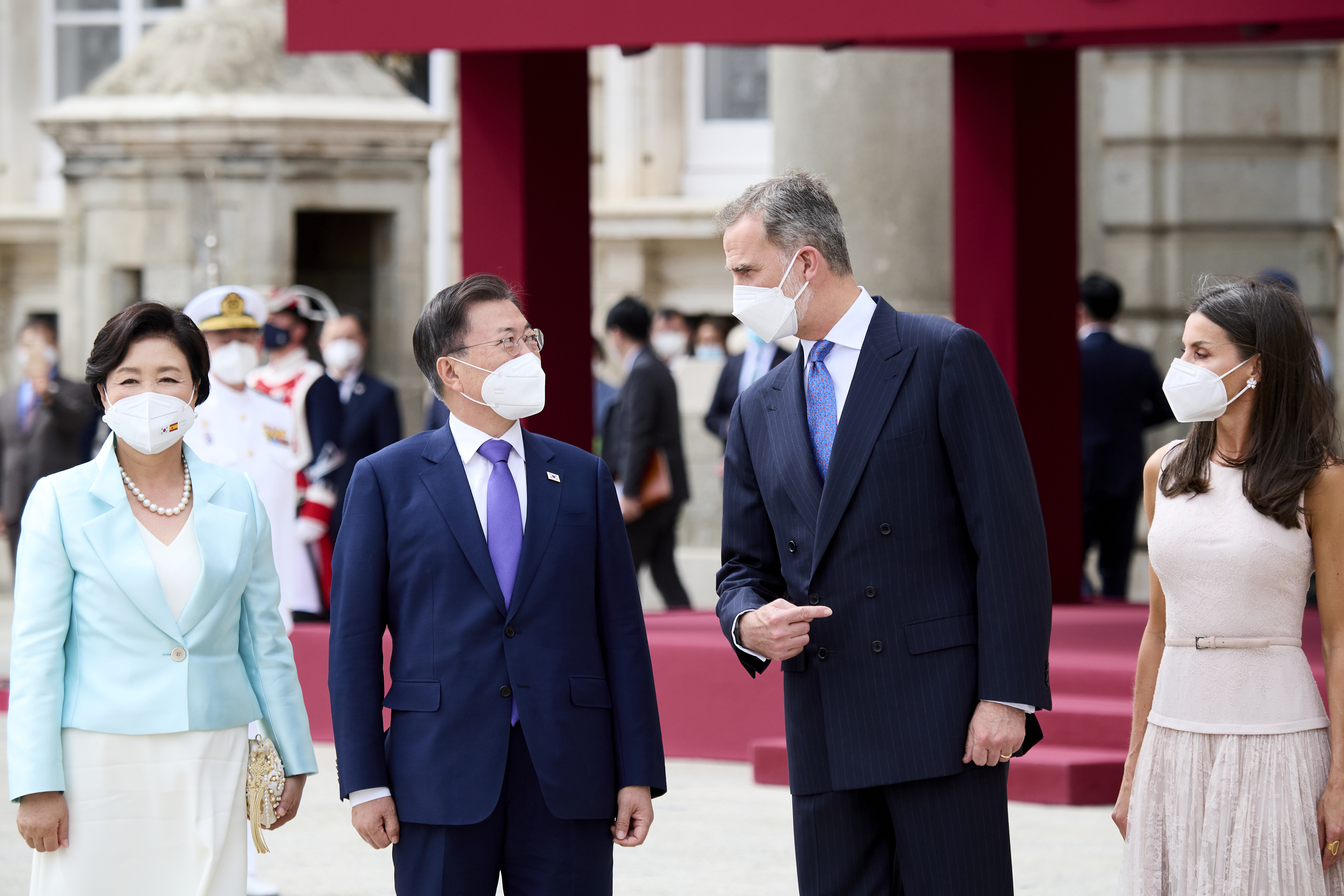 King Felipe VI and Queen Letizia of Spain receive South Korean President Moon Jae-in and first lady Kim Jung-sook at the Royal Palace on June 15, 2021