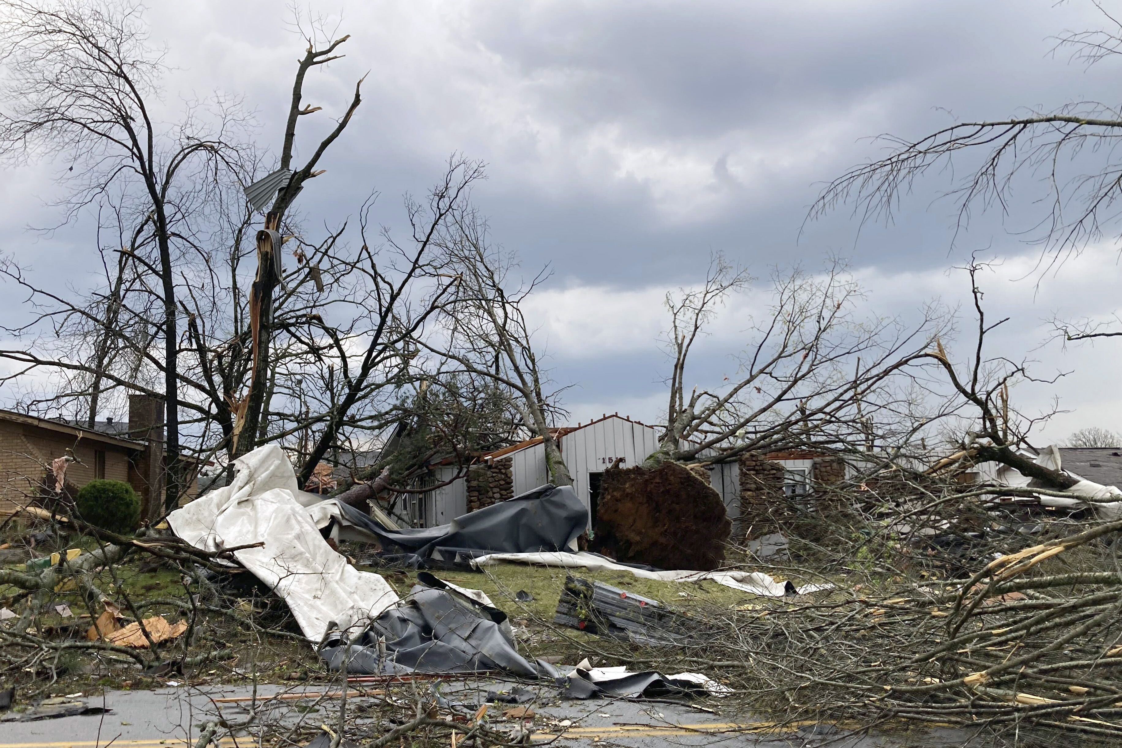 Una casa está dañada y los árboles están caídos después de que un tornado arrasara Little Rock, Ark., el viernes 31 de marzo de 2023.