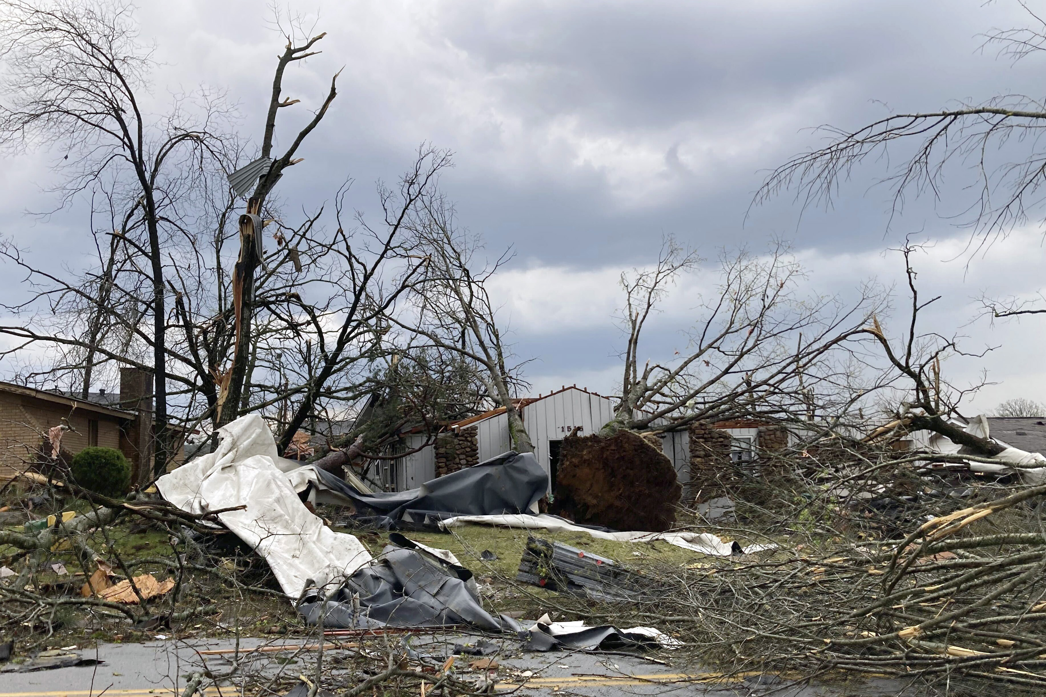 A homes is damaged and trees are down after a tornado swept through Little Rock, Ark., Friday, March 31, 2023.