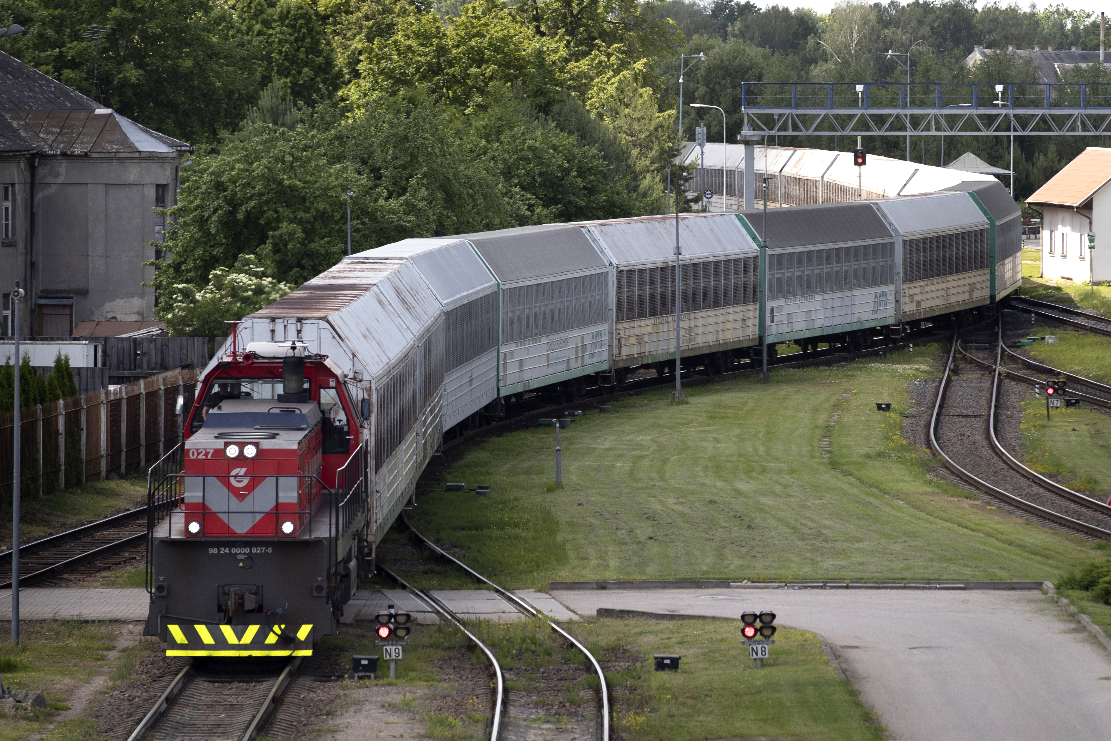 Cargo trains from the Russian enclave of Kaliningrad move to the border railway station in Kybartai, some 200 kms west of the capital Vilnius, Lithuania, Wednesday, June. 22, 2022.  