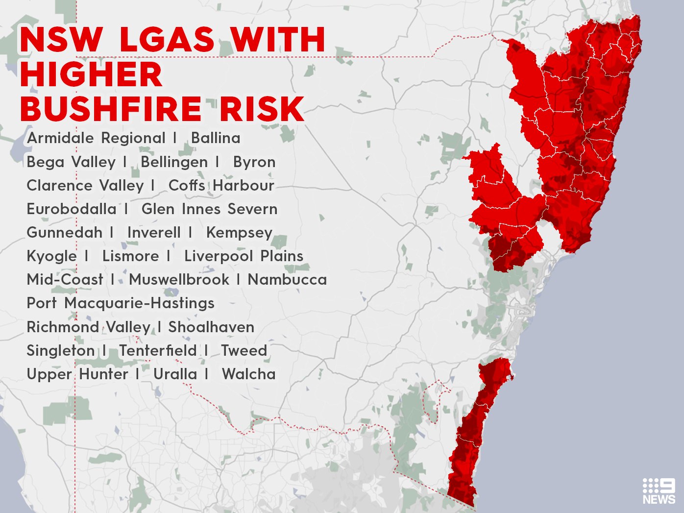 Areas in NSW most at risk of a fire.