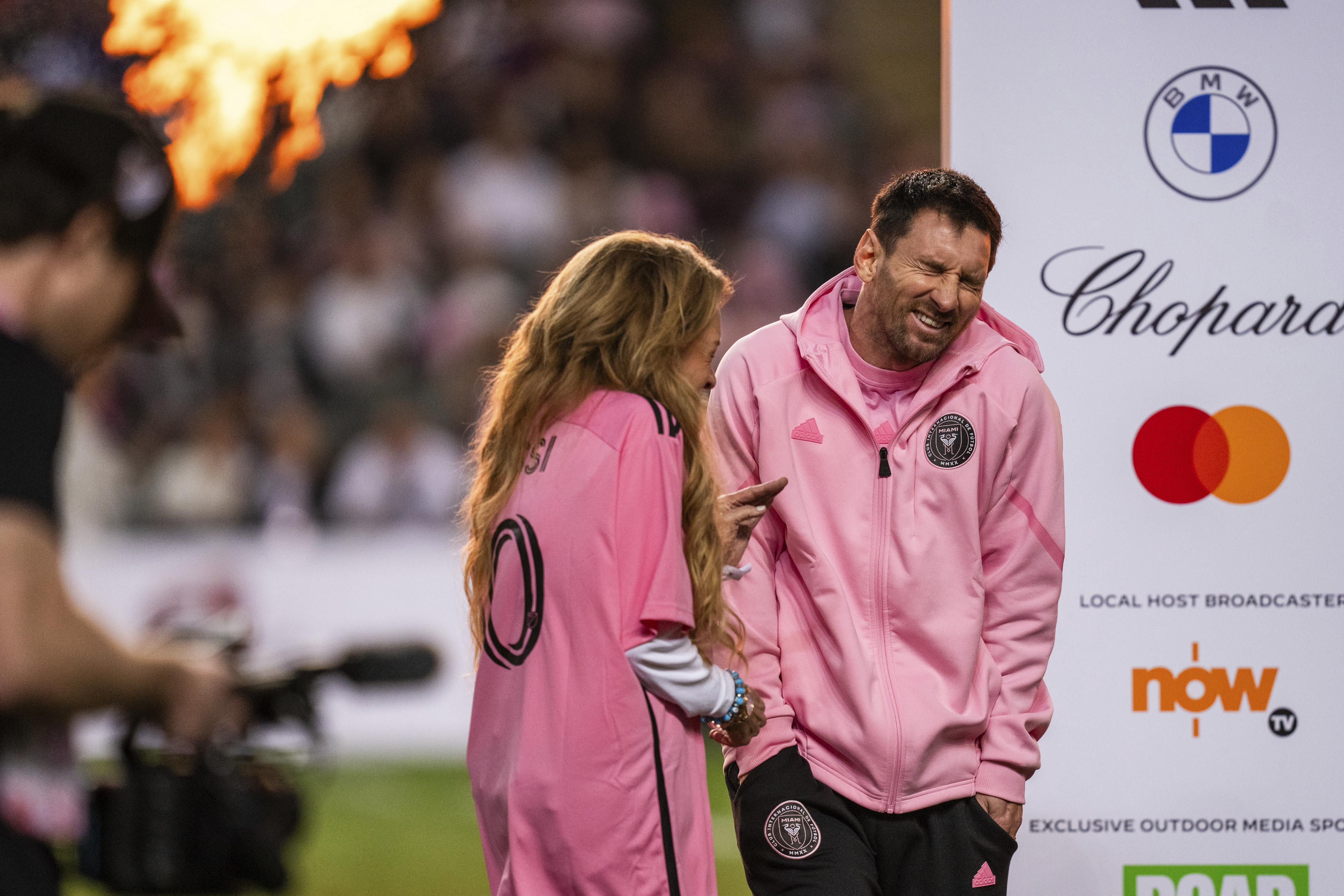 Inter Miami's Lionel Messi reacts as fireworks are fired.