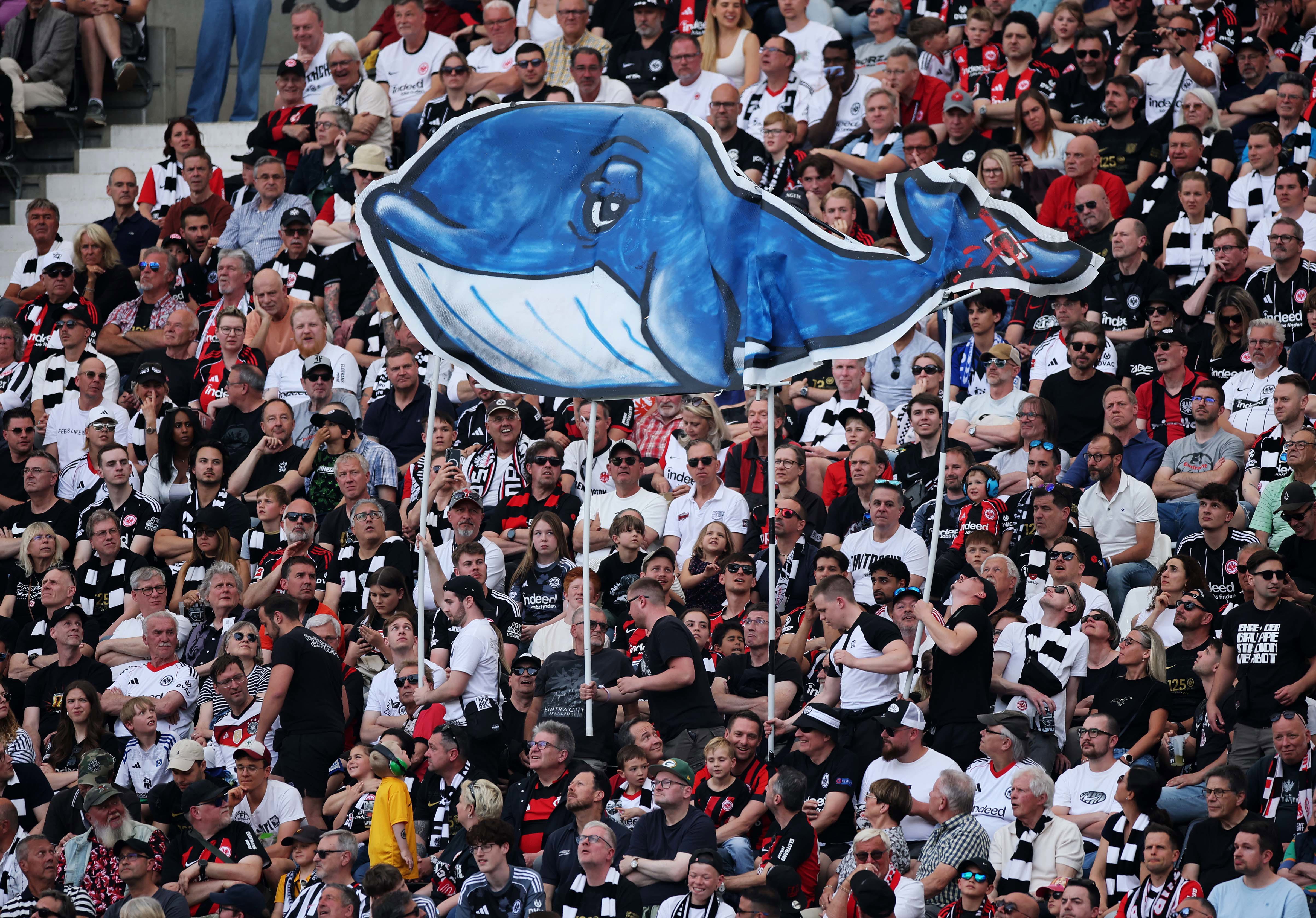  Fans of Eintracht Frankfurt display a banner dedicated to Timmy the humpback whale during the Bundesliga match between Eintracht Frankfurt and Hamburger SV at Deutsche Bank Park in Frankfurt.