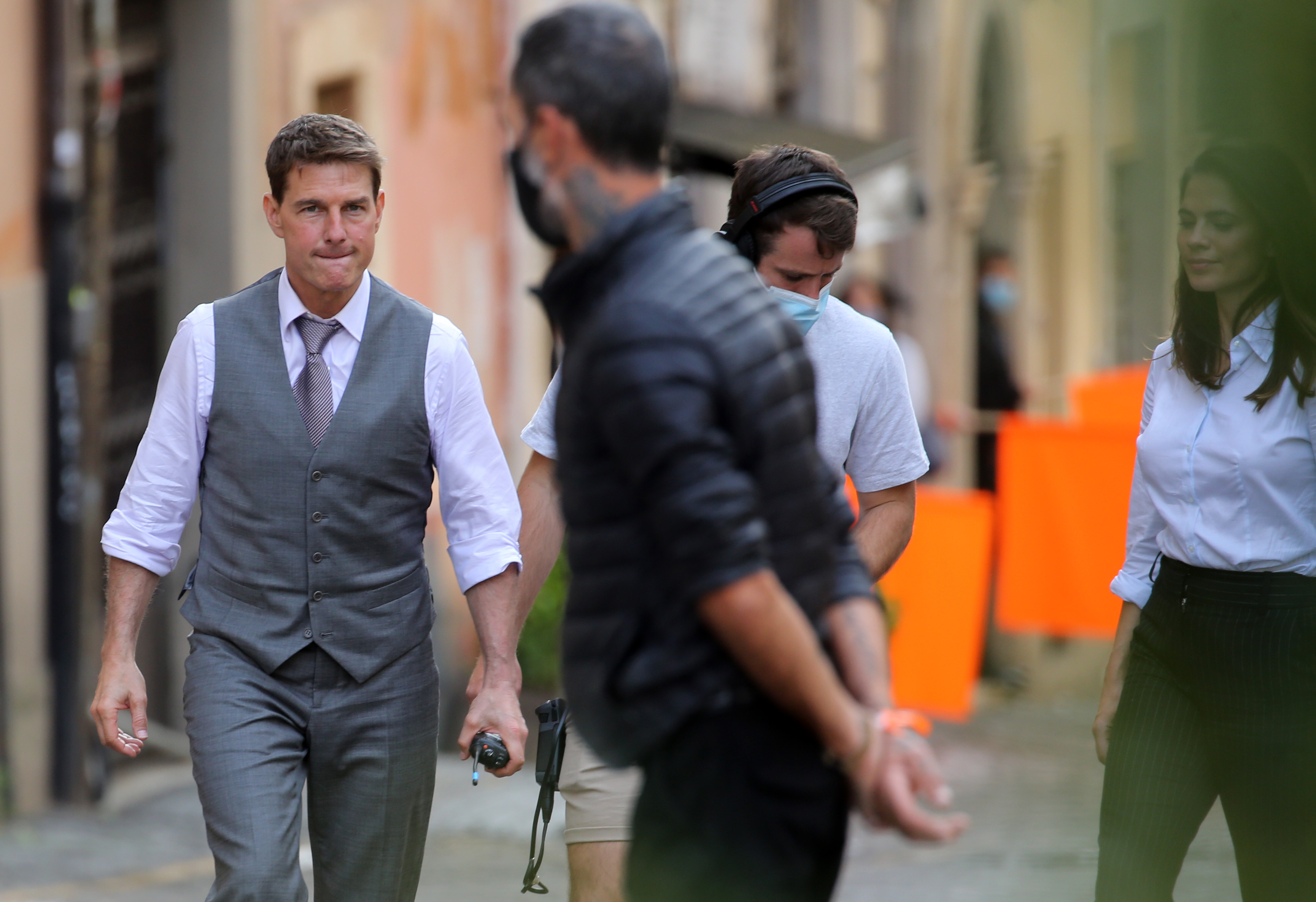 Tom Cruise and Hayley Atwell are seen on the set of the movie Mission Impossible 7.