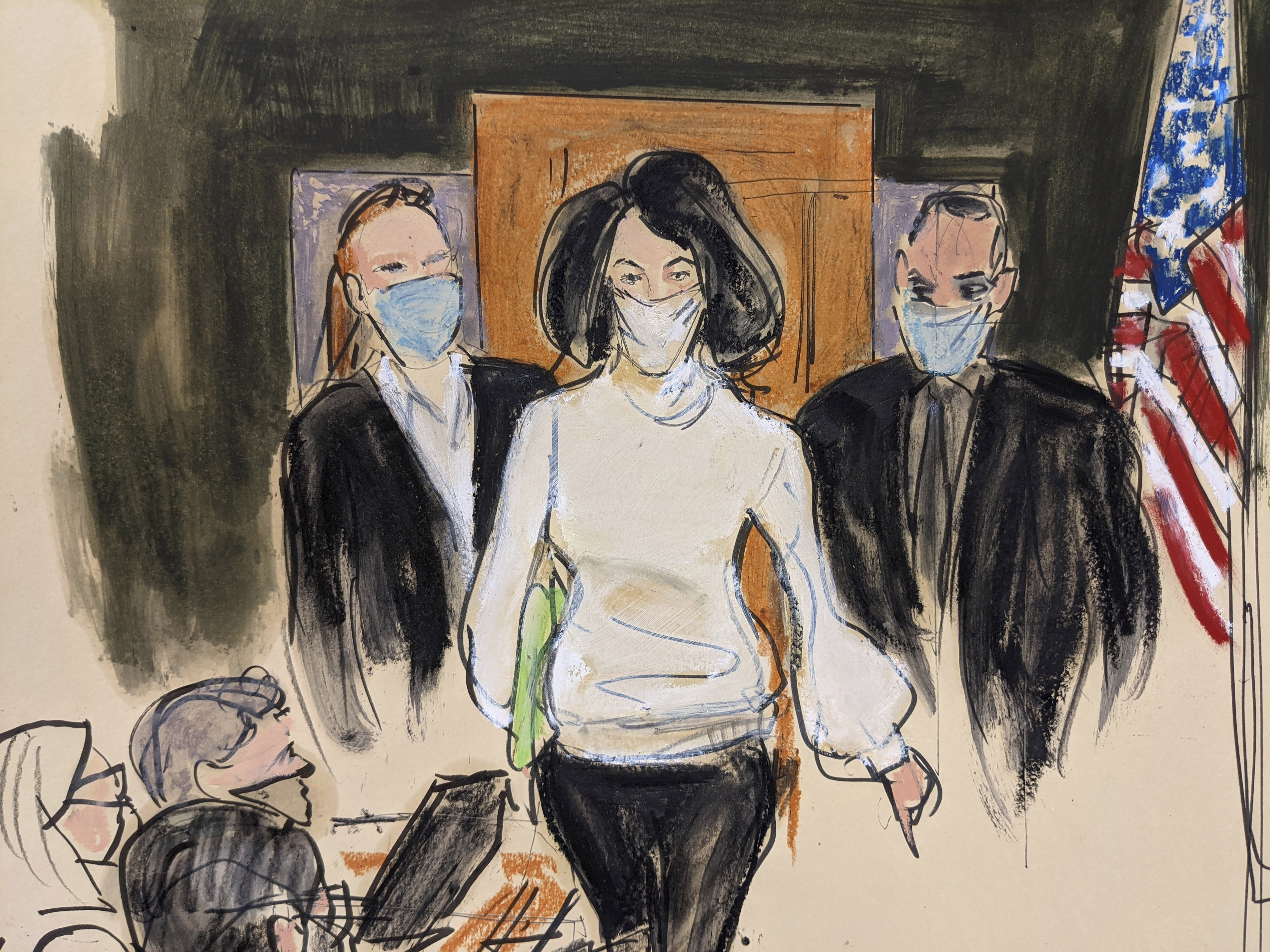 FILE  In this courtroom sketch, Ghislaine Maxwell enters the courtroom escorted by U.S. Marshalls at the start of her trial, Nov. 29, 2021, in New York. Judge Alison Nathan said Thursday, Feb. 24, 2022, that she'll question a juror under oath during a rare post-verdict evidentiary hearing about the answers he gave during jury selection for the criminal trial of Maxwell after he told news outlets that he didn't recall being asked about prior sexual abuse. (AP Photo/Elizabeth Williams, File)
