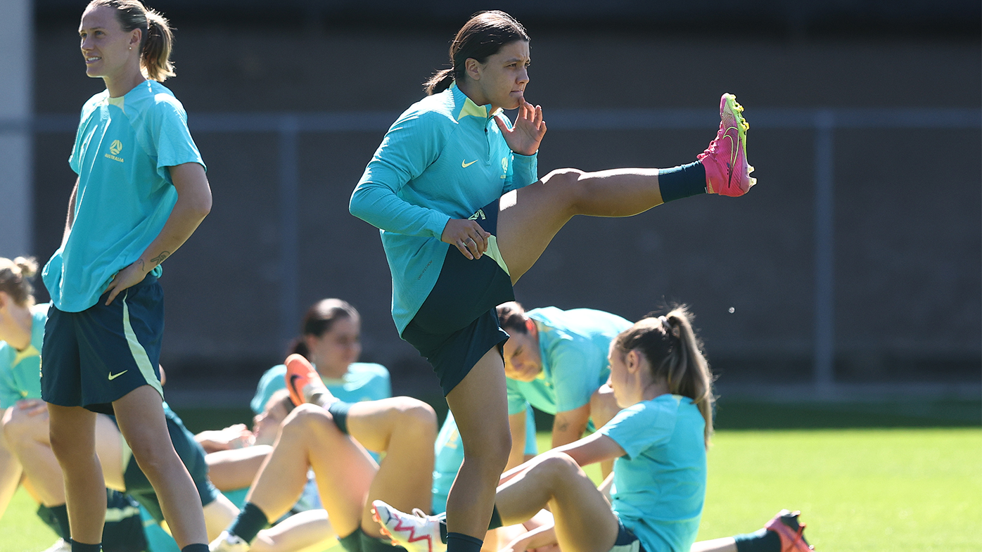 Sam Kerr during a Matildas training session ahead of Australia's quarter-final match against France.