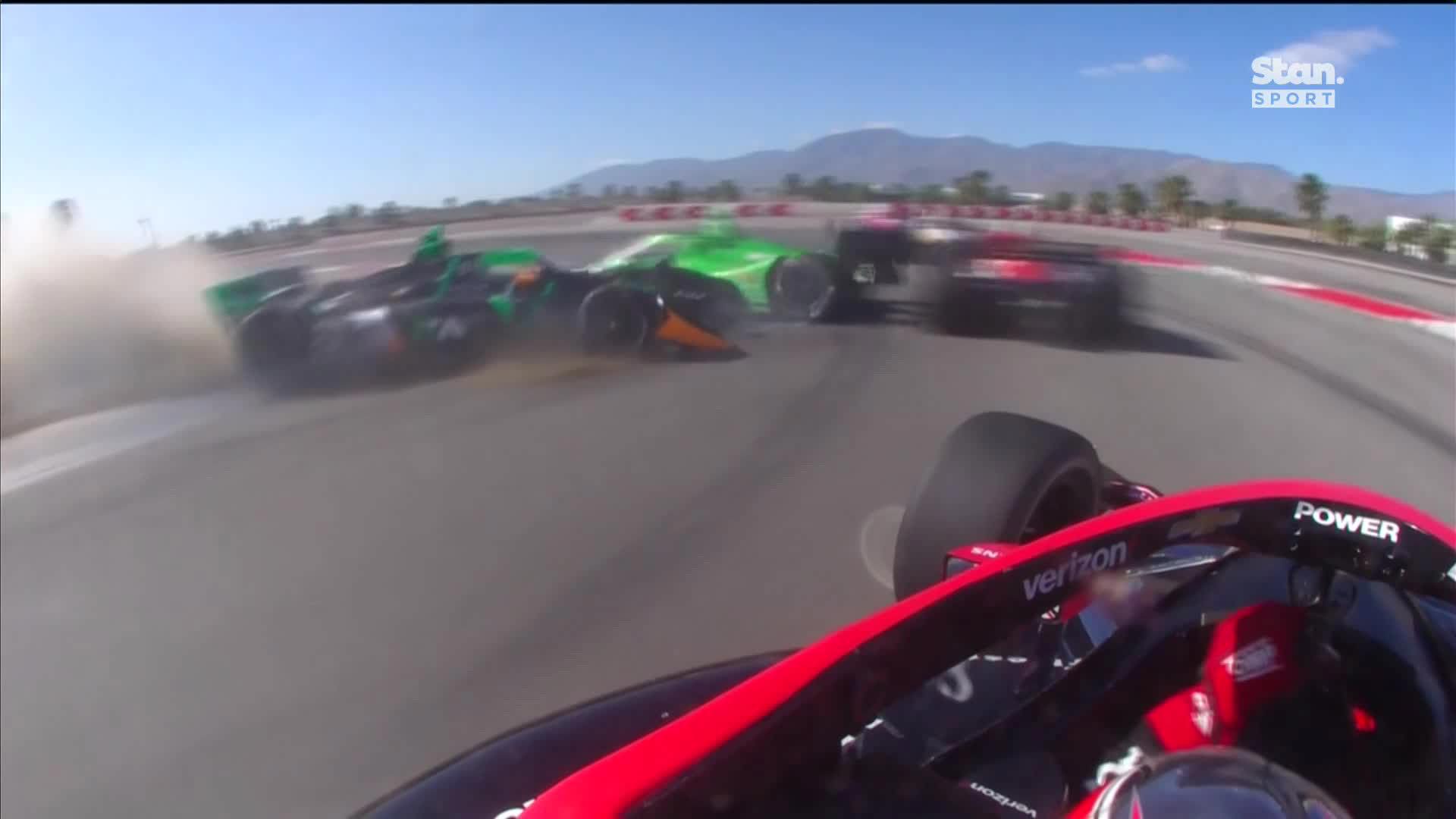 An out of control Romain Grosjean collides with Rinus VeeKay on lap one of the $1 Million Challenge.