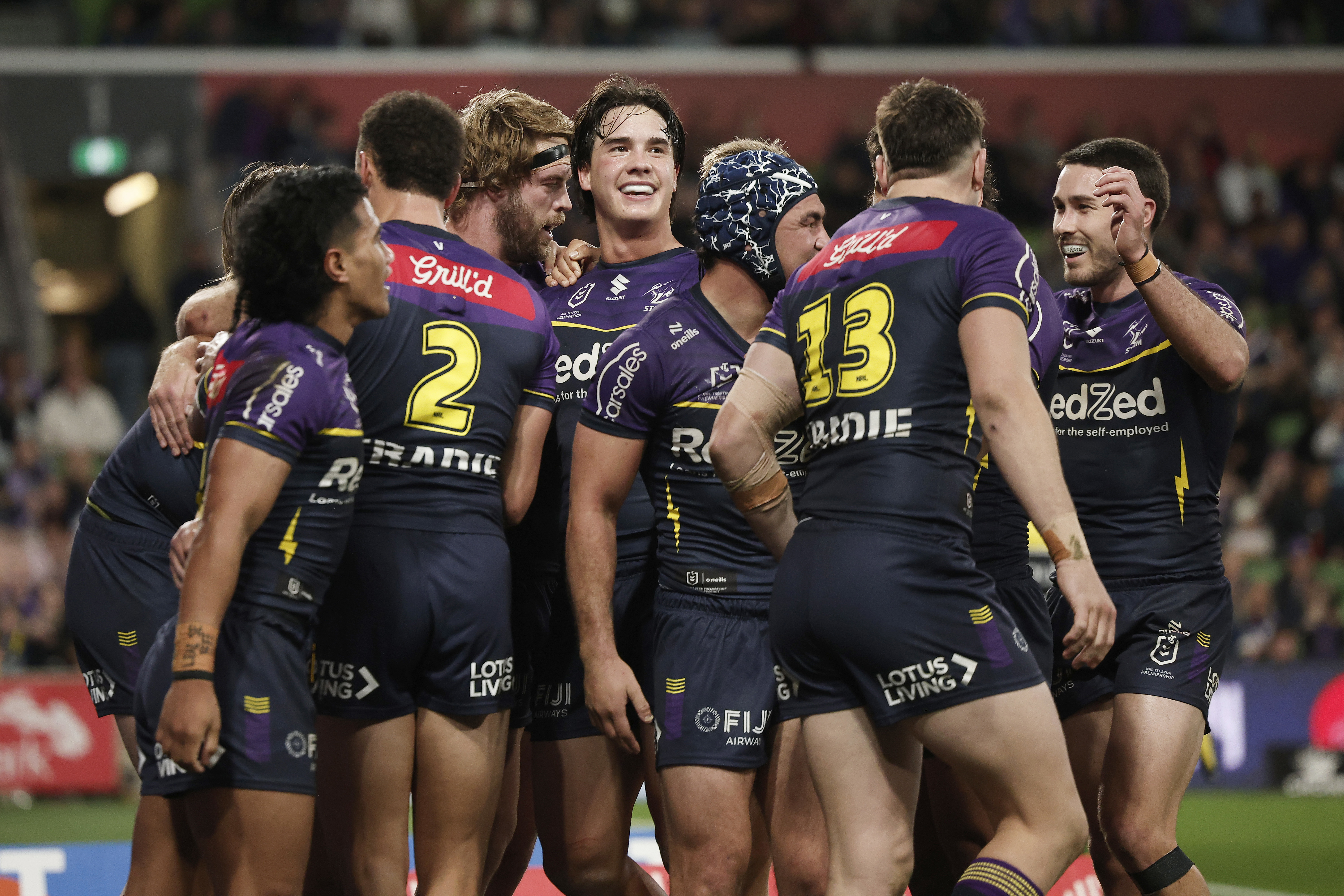 Nelson Asofa-Solomona of the Storm celebrates scoring a try 