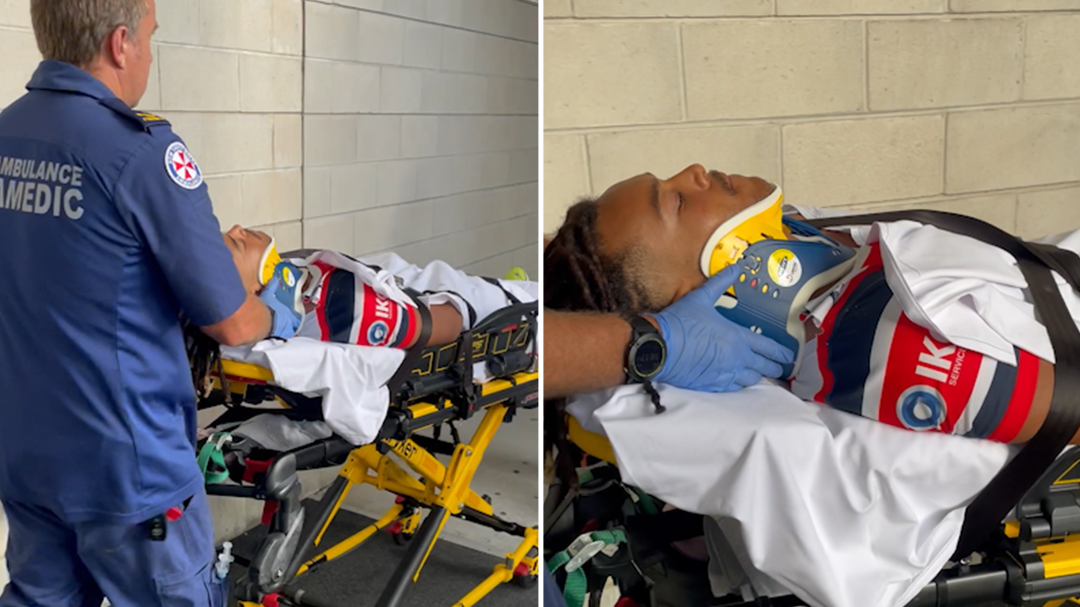 Roosters recruit Dom Young was taken to hospital after sustaining a neck injury.