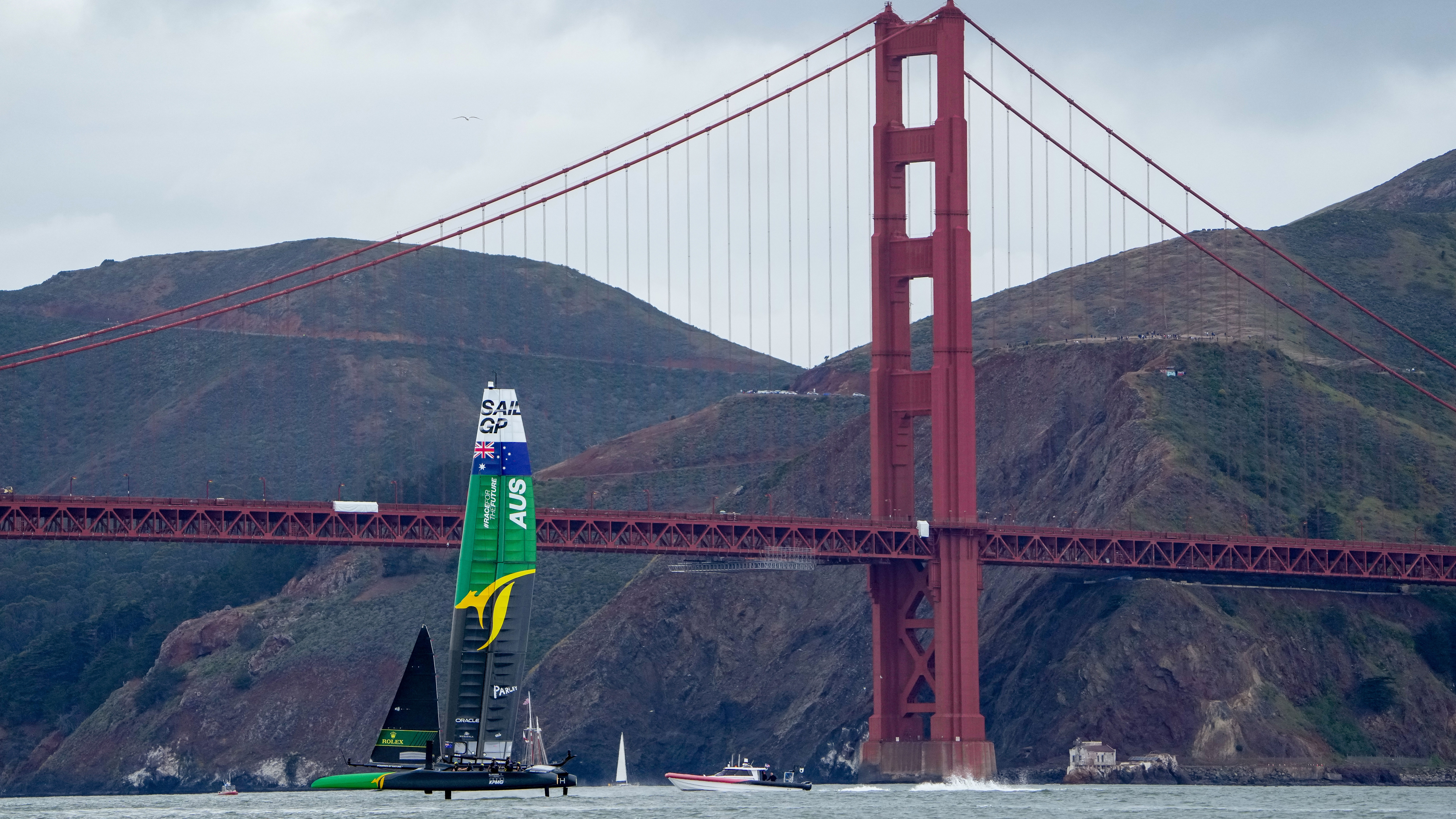 Australia's boat sails past the Golden Gate Bridge in the grand final.