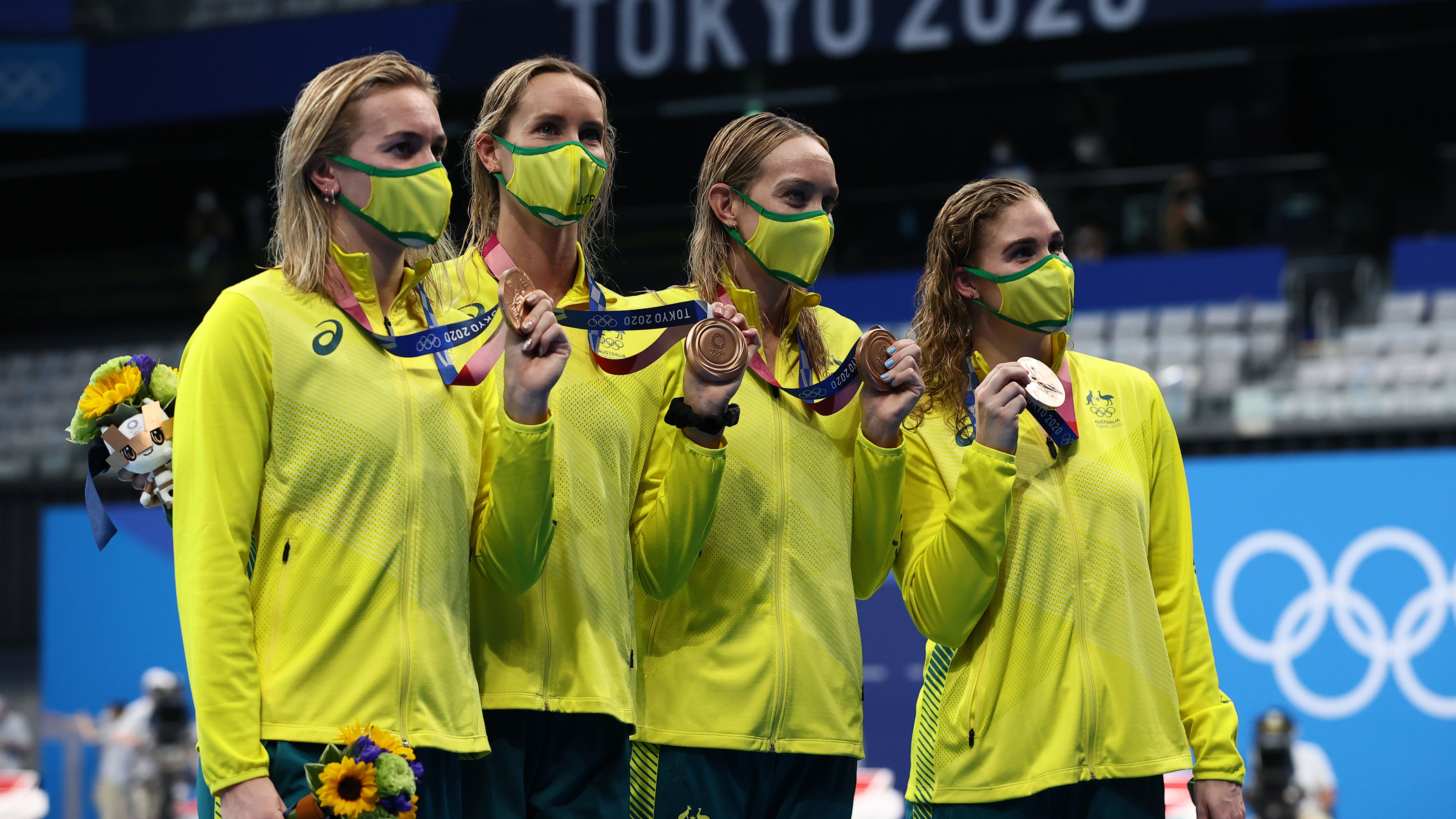 Australia's 4x200m freestyle relay with their bronze medals.