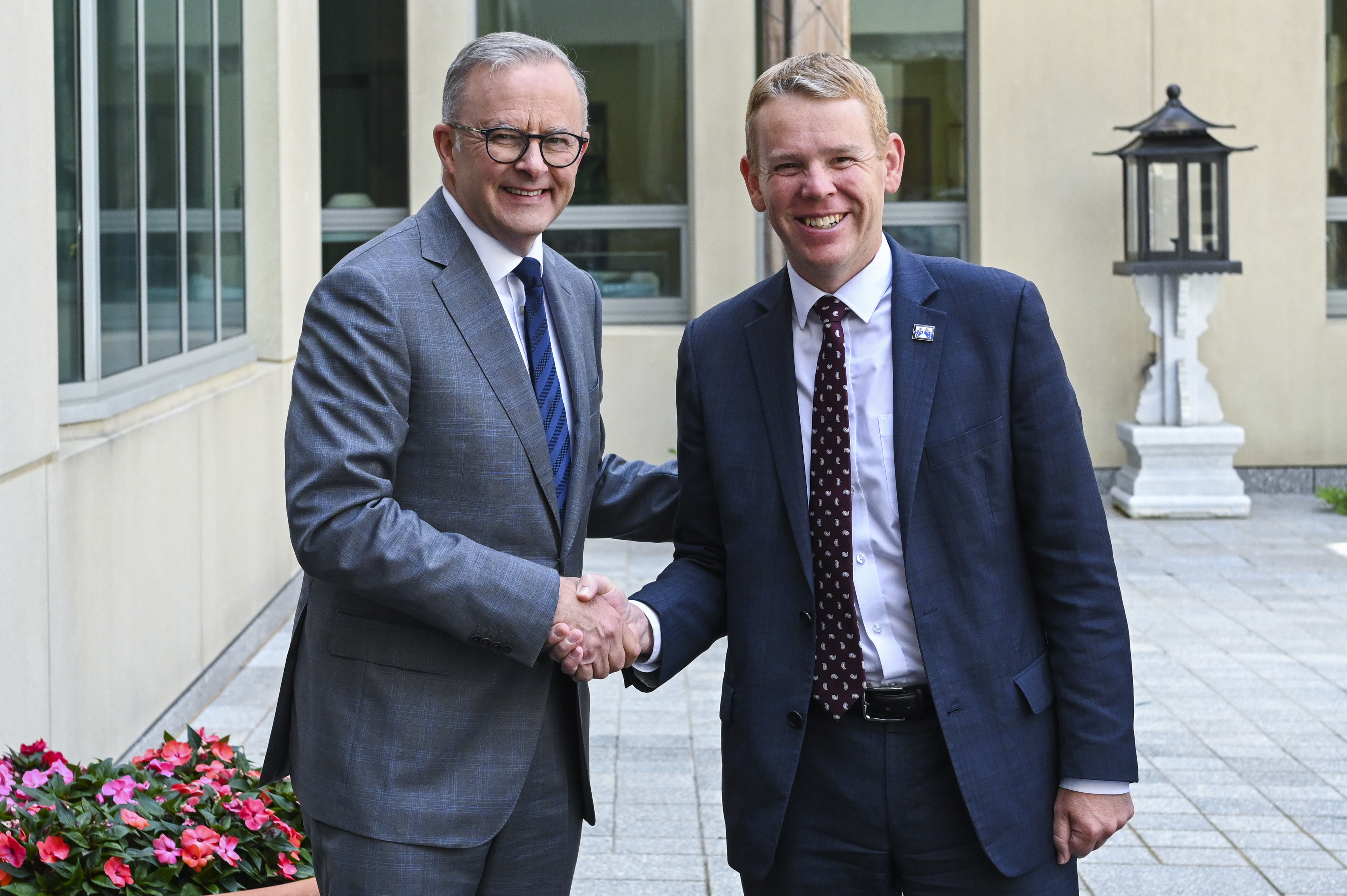 CANBERRA, AUSTRALIA - FEBRUARY 07: Australian Prime Minister Anthony Albanese welcomes New Zealand Prime Minister Chris Hipkins to Parliament House on February 07, 2023 in Canberra, Australia. Hipkins is visiting Canberra to shore up trans-Tasman ties in his first official international trip as New Zealand's leader.