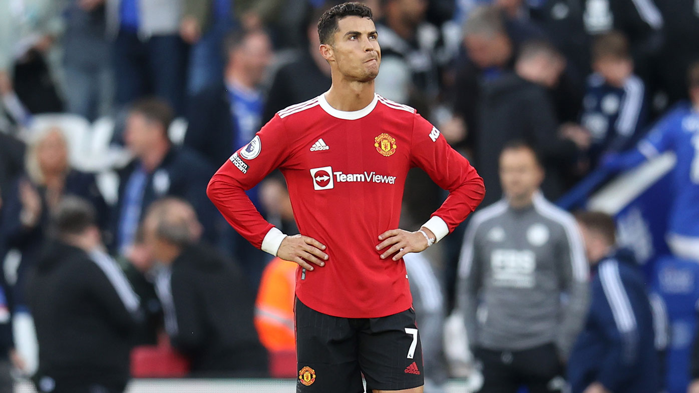 Cristiano Ronaldo of Manchester United reacts during the Premier League match between Leicester City and Manchester United 