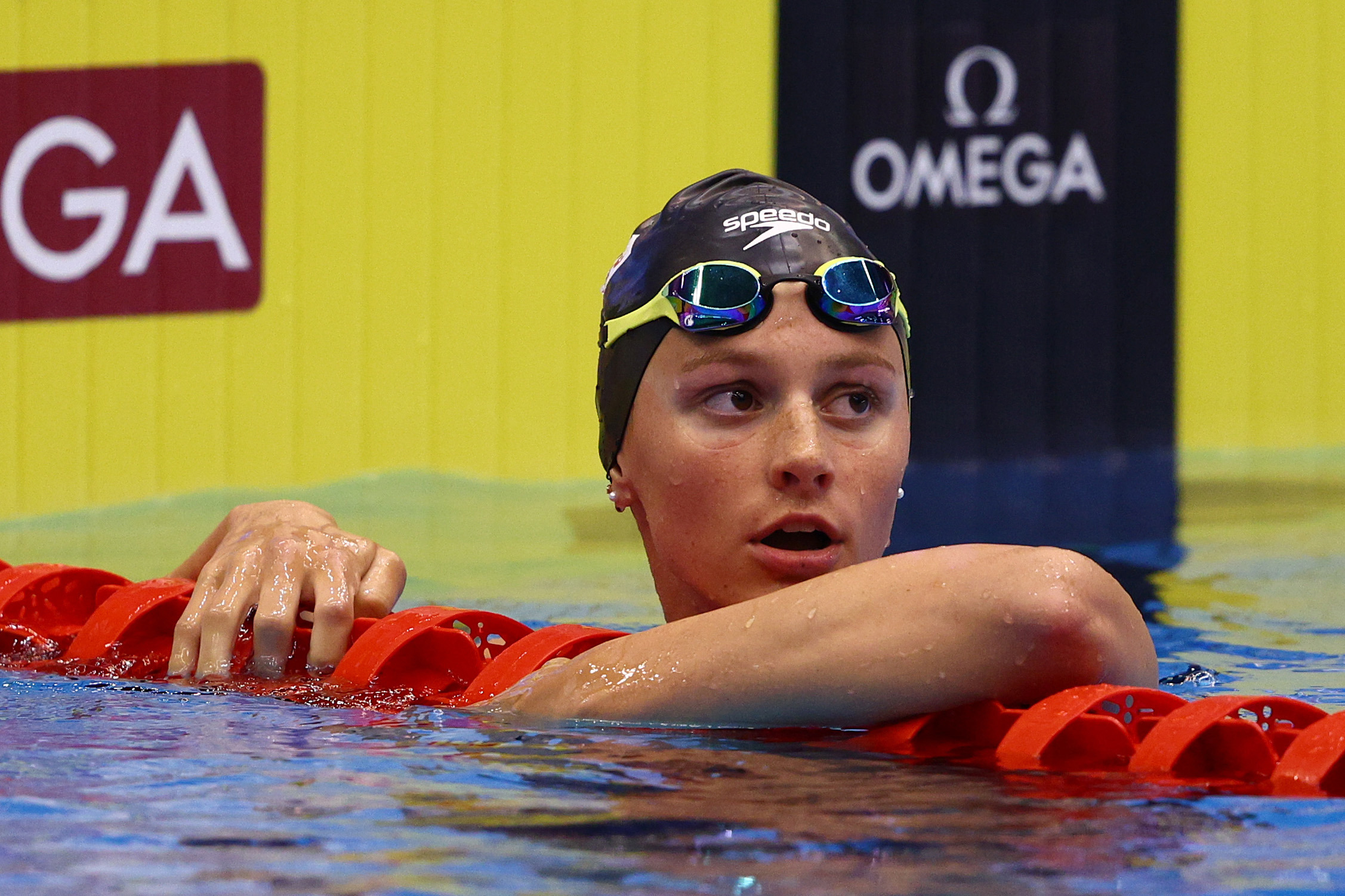 FUKUOKA, JAPAN - JULY 23: Summer Mcintosh of Team Canada reacts in the Women's 400m Freestyle Heats on day one of the Fukuoka 2023 World Aquatics Championships at Marine Messe Fukuoka Hall A on July 23, 2023 in Fukuoka, Japan. (Photo by Clive Rose/Getty Images)