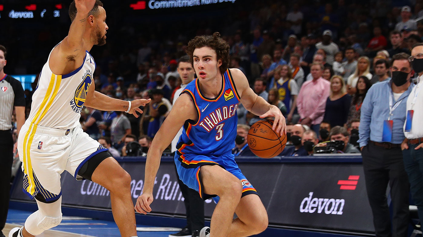Josh Giddey #3 of the Oklahoma City Thunder dribbles the ball against the Golden State Warriors