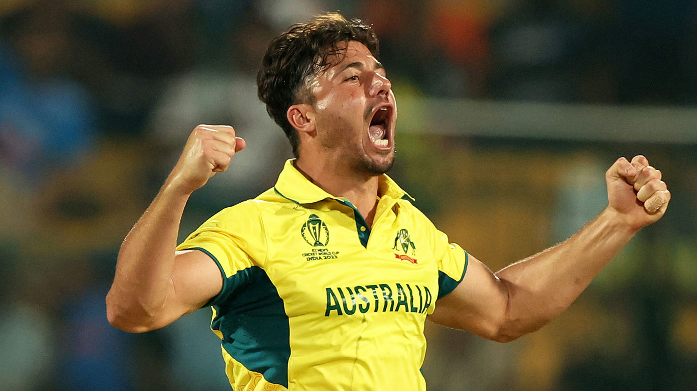 Marcus Stoinis celebrates a wicket during Australia's World Cup win over Pakistan