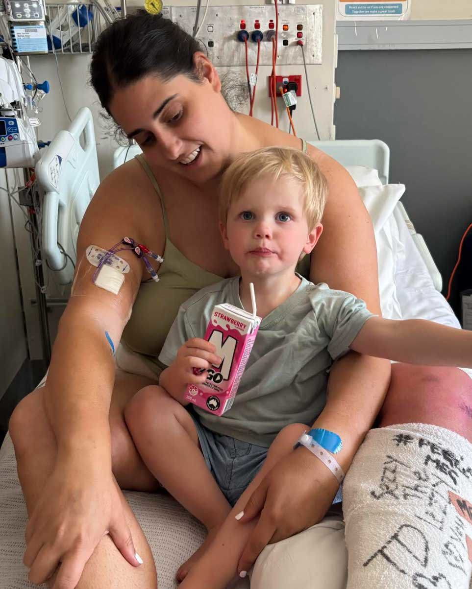 Megan McKee and her son Parker in hospital.