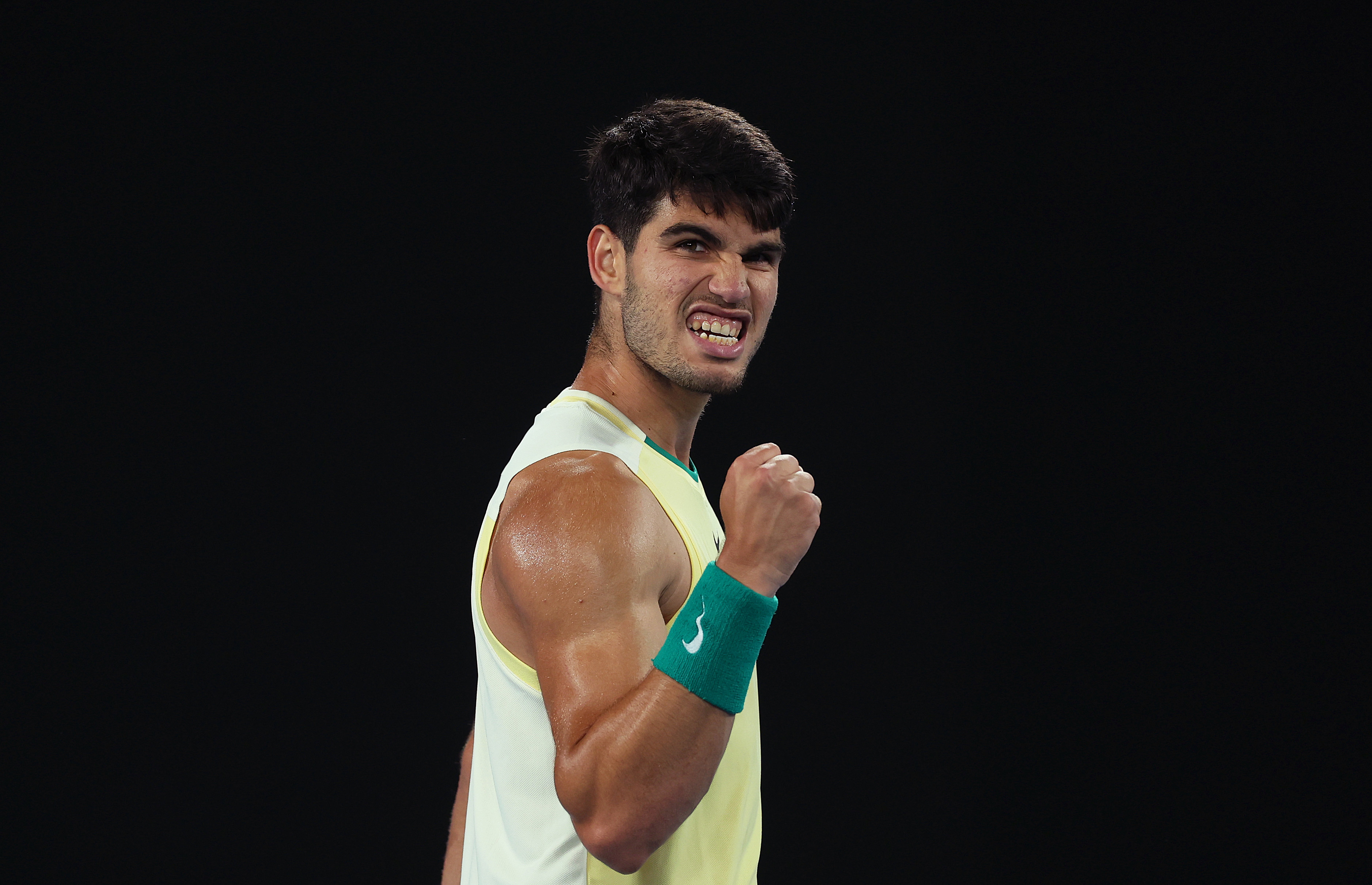 Carlos Alcaraz of Spain celebrates during the 2024 Australian Open at Melbourne Park.