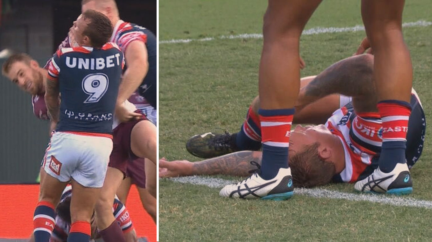 Jake Friend knocked out cold against Manly. (Twitter)