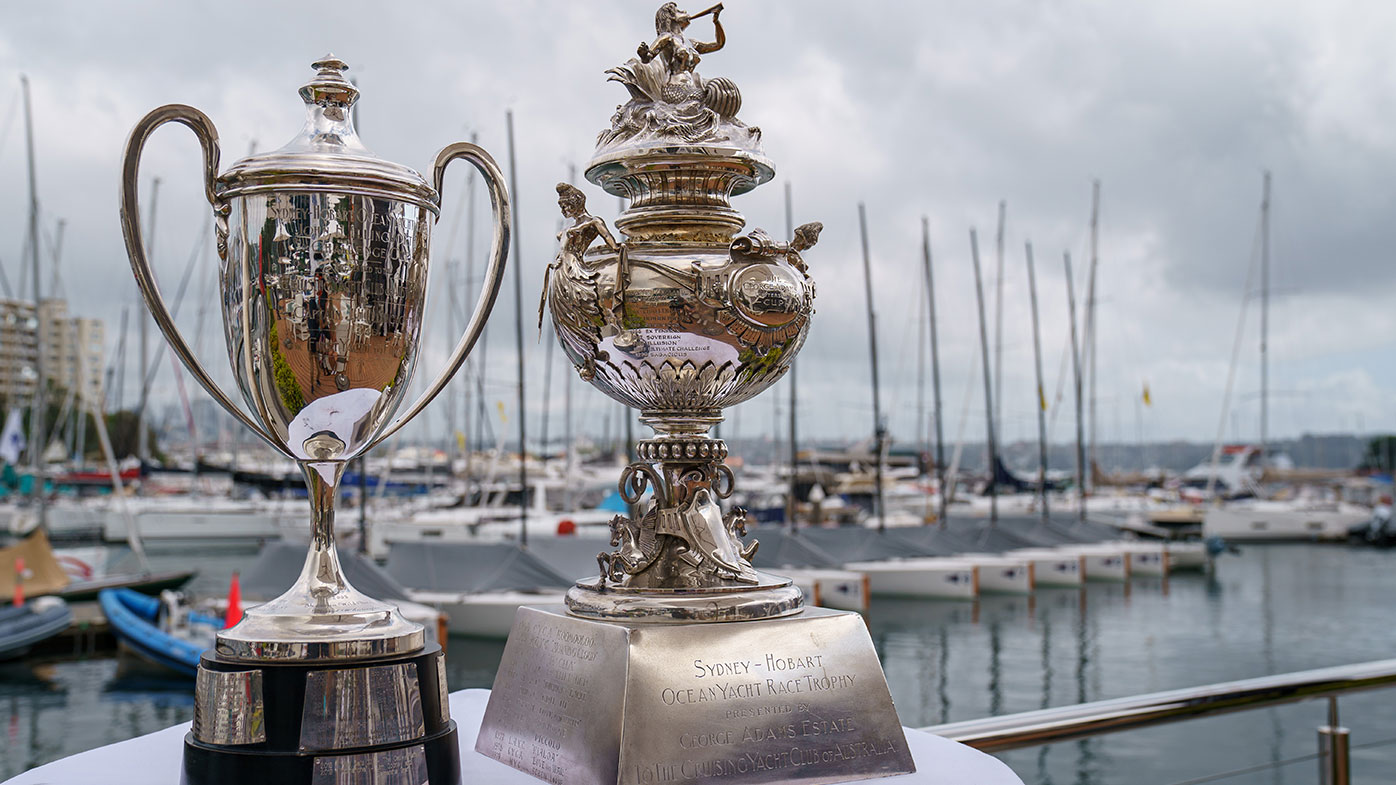 The George Adams Tattersall Cup and John H Illingworth Challenge Cup on display ahead of the 2021 Sydney to Hobart race start on Sydney Harbour on December 26, 2021 in Sydney, Australia. (Photo by Andy Cheung/Getty Images)