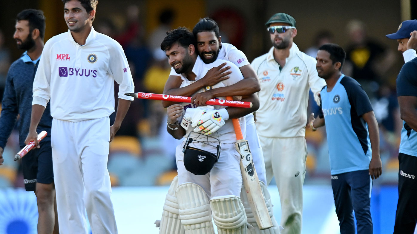 Rishabh Pant of India celebrates victory with his team mates after day five of the 4th Test Match in the series between Australia and India at The Gabba on January 19, 2021 in Brisbane, Australia.