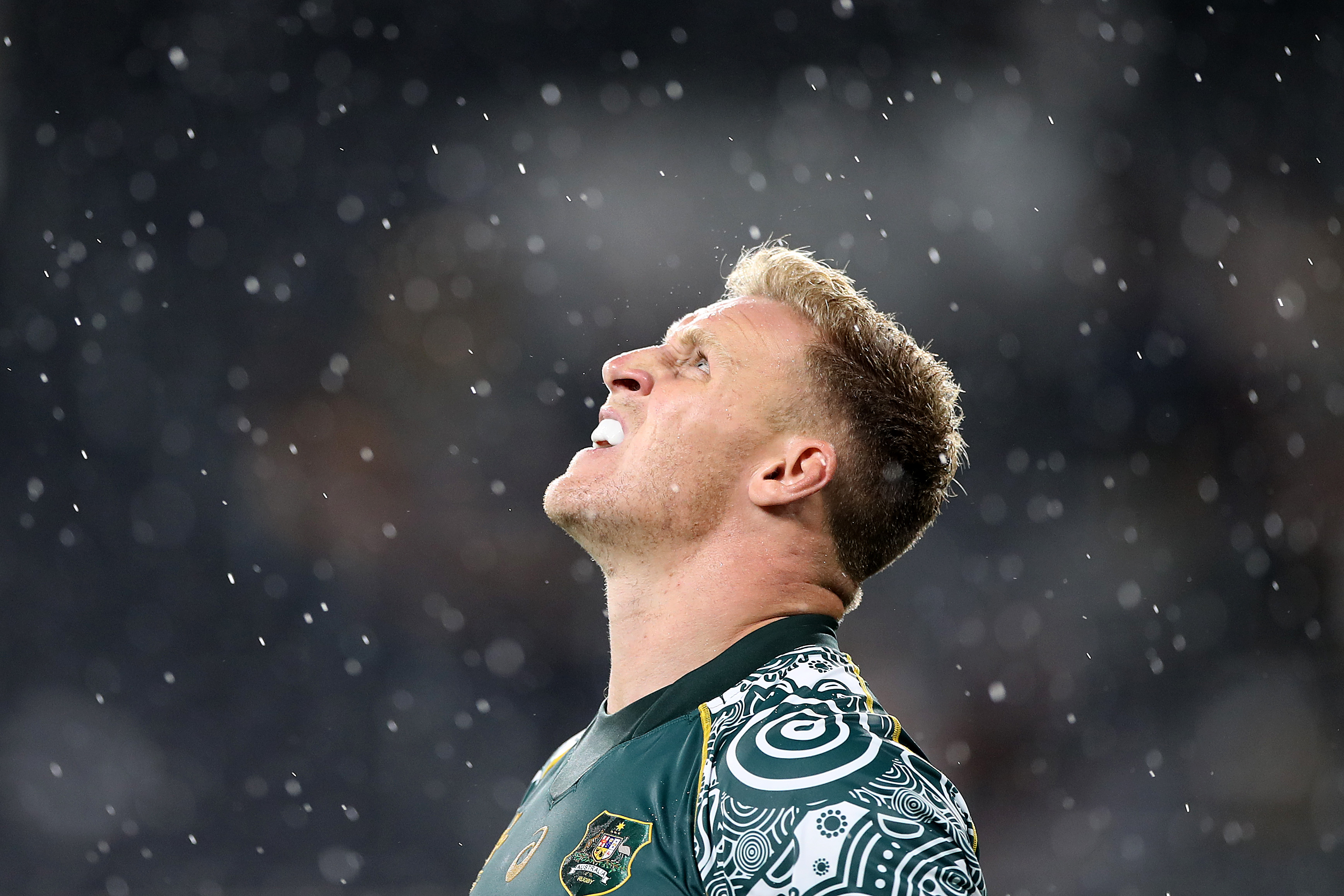 Reece Hodge of the Wallabies looks to the skies.