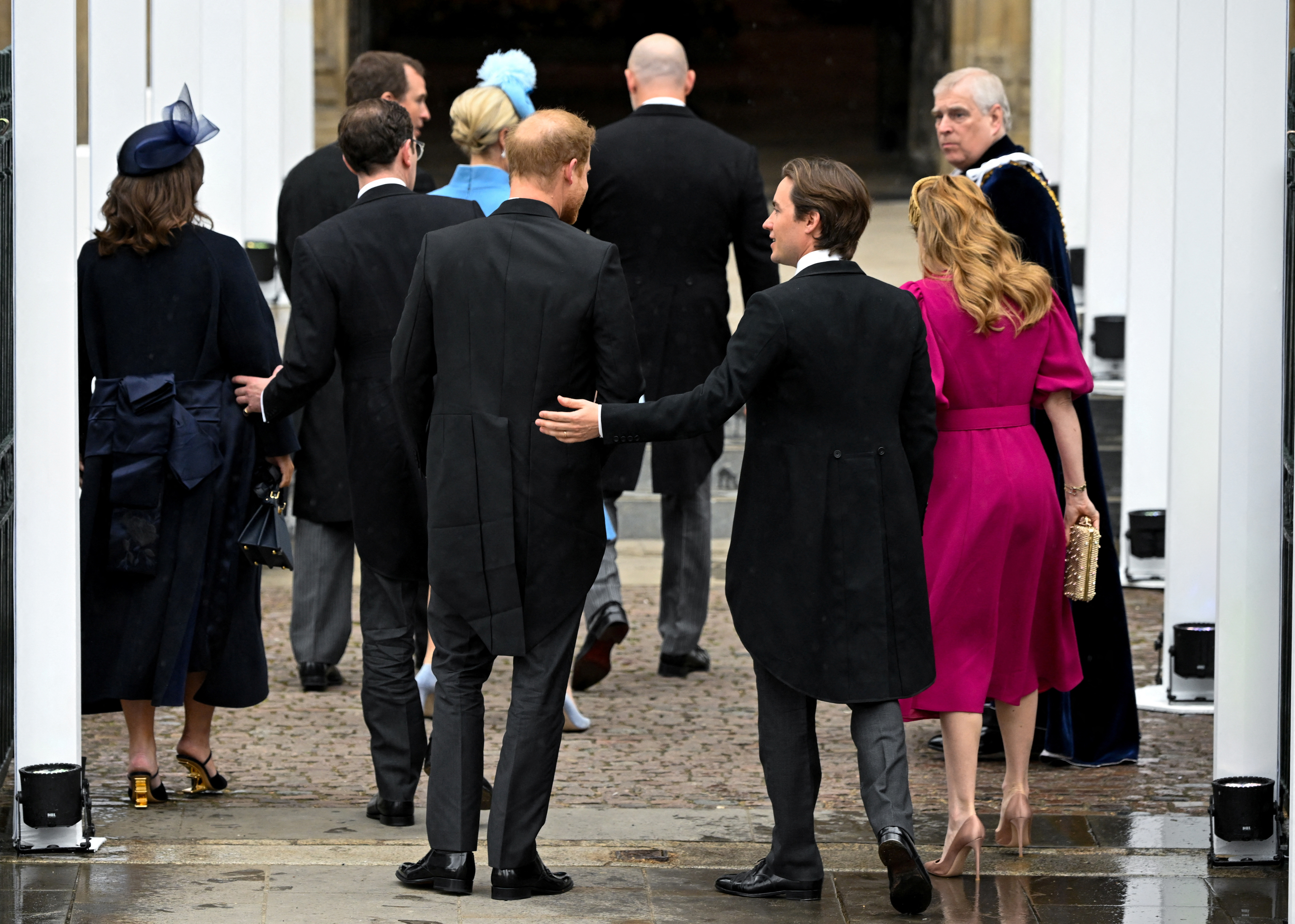 LONDON, ENGLAND - MAY 06: Prince Harry, Duke of Sussex arrives with Princess Beatrice and her husband Edoardo Mapelli Mozzi to attend the Coronation of King Charles III and Queen Camilla on May 6, 2023 in London, England. The Coronation of Charles III and his wife, Camilla, as King and Queen of the United Kingdom of Great Britain and Northern Ireland, and the other Commonwealth realms takes place at Westminster Abbey today. Charles acceded to the throne on 8 September 2022, upon the death of hi