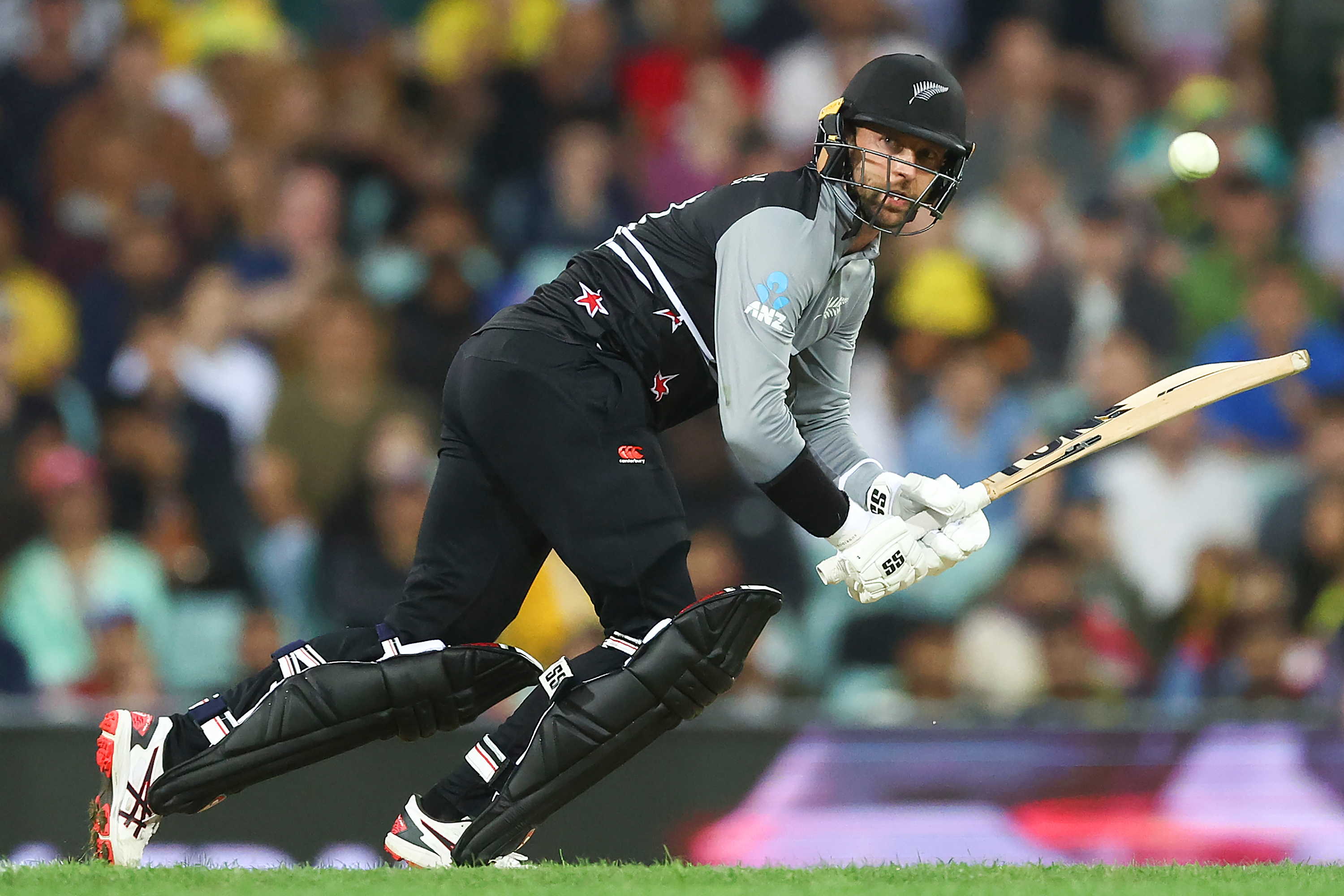 SYDNEY, AUSTRALIA - OCTOBER 22: Devon Conway of New Zealand bats during the ICC Men's T20 World Cup match between Australia and New Zealand at Sydney Cricket Ground on October 22, 2022 in Sydney, Australia. (Photo by Mark Metcalfe-ICC/ICC via Getty Images,)