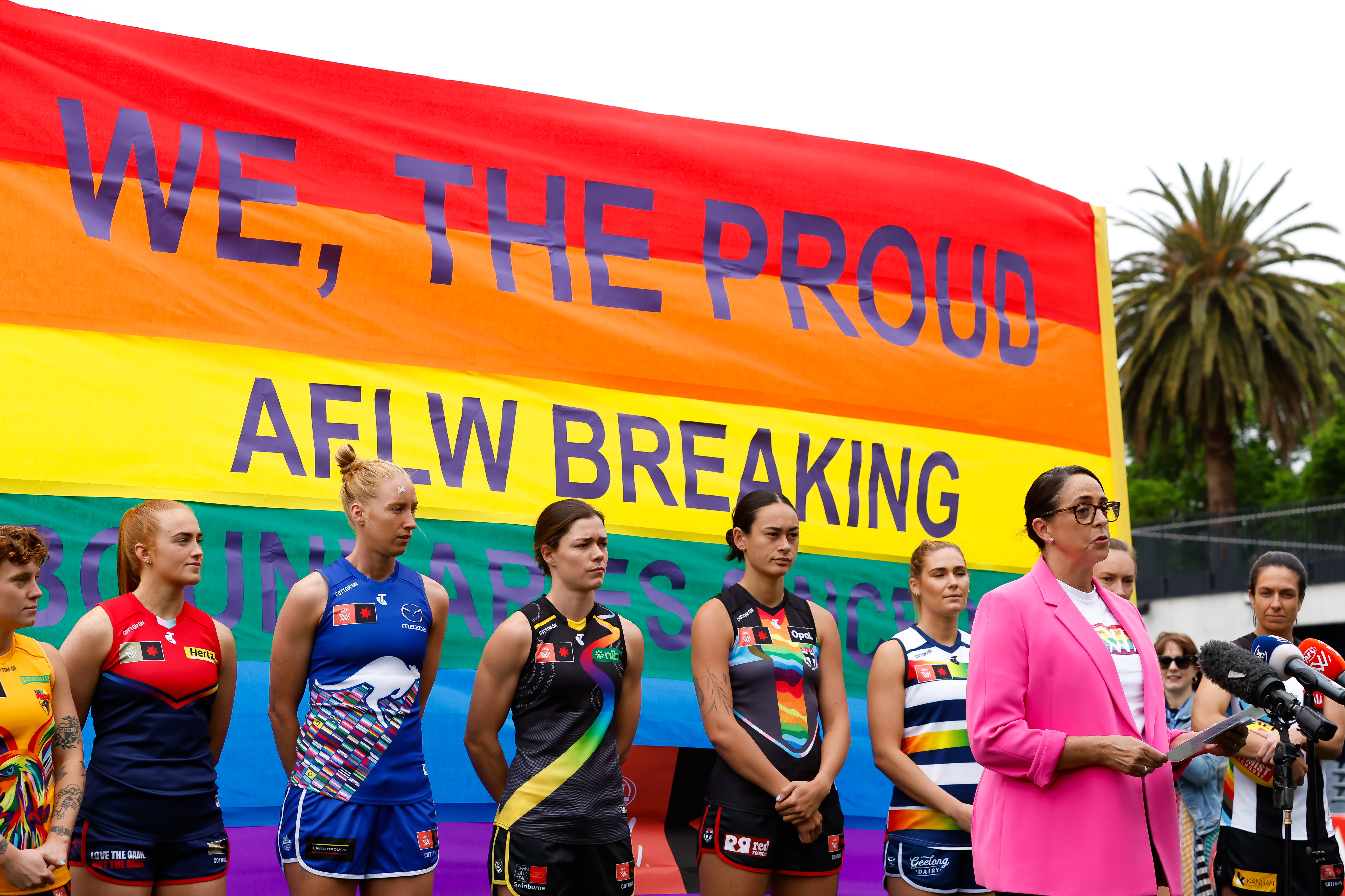 Nicole Livingstone speaks to the media during the launch of the 2023 AFLW Pride Round.