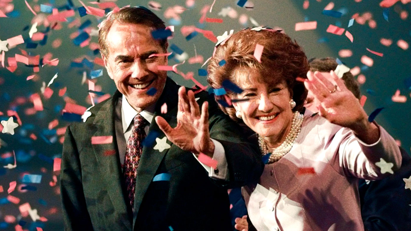 Bob Dole and his wife Elizabeth wave from the podium on the floor of the 1996 Republican National Convention in San Diego, as confetti falls after Mr Dole accepted the Republican presidential nomination.