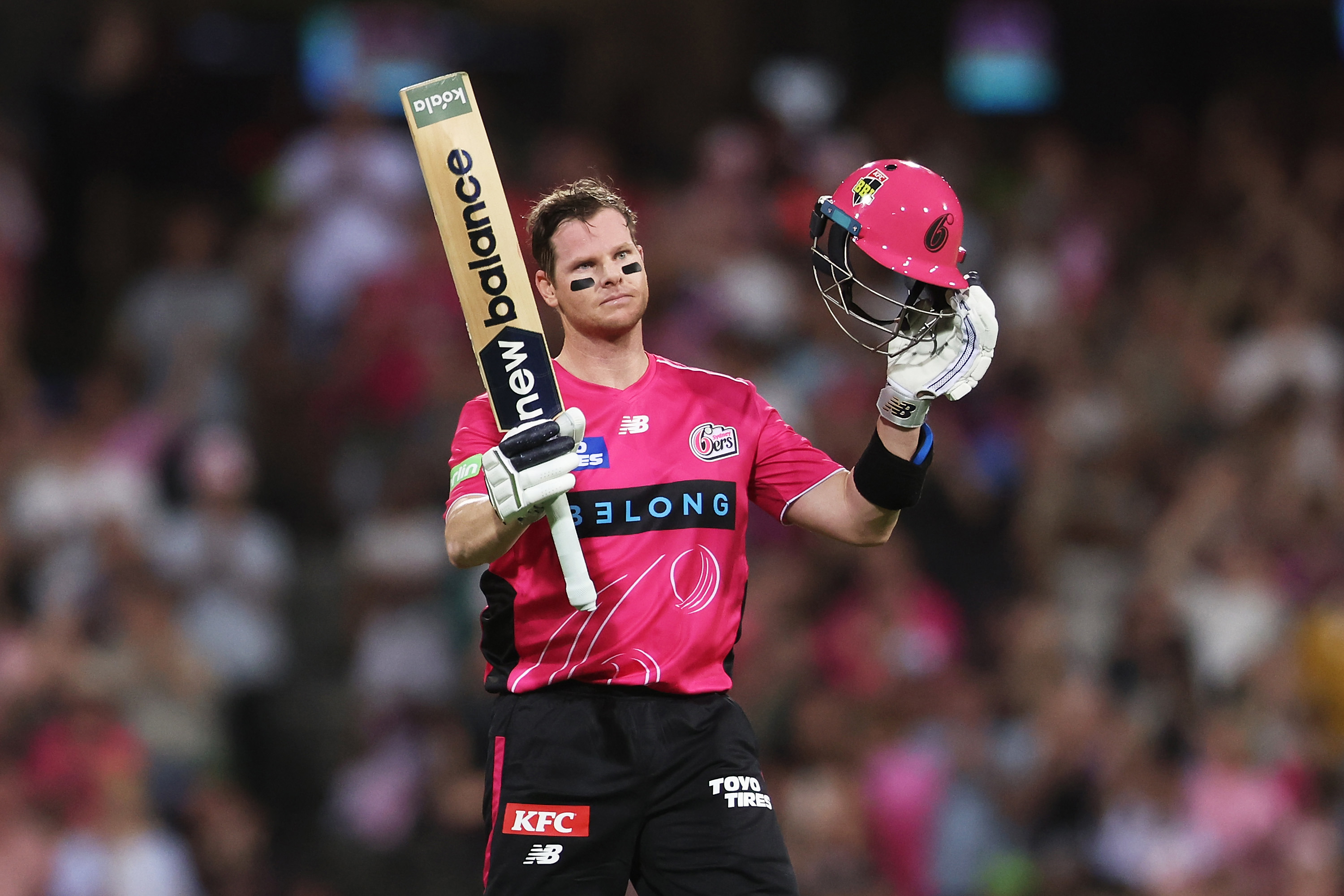 SYDNEY, AUSTRALIA - JANUARY 16:  Steve Smith of the Sixers celebrates and acknowledges the crowd after scoring a century during the BBL match between Sydney Sixers and Sydney Thunder at the Sydney Cricket Ground, on January 16, 2026, in Sydney, Australia (Photo by Matt King - CA/Cricket Australia via Getty Images)