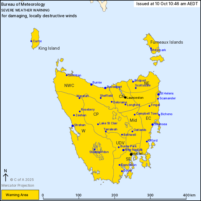 Severe weather warnings have been issued across Tasmania.