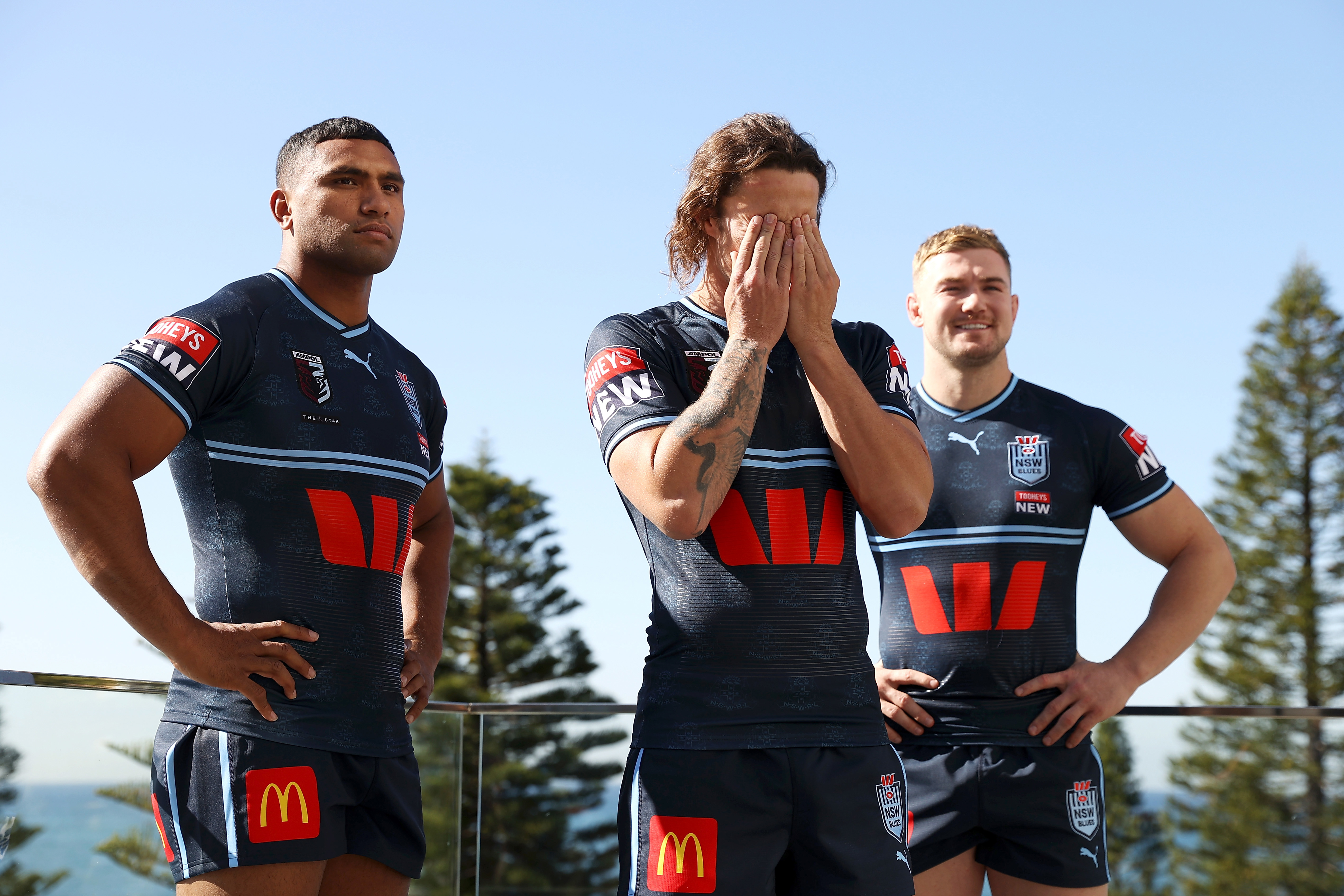 SYDNEY, AUSTRALIA - MAY 22: Tevita Pangai Junior, Nicholas Hynes and Hudson Young of the Blues pose during a NSW Blues State of Origin Media Opportunity at the Crowne Plaza, Coogee on May 22, 2023 in Sydney, Australia. (Photo by Mark Kolbe/Getty Images)