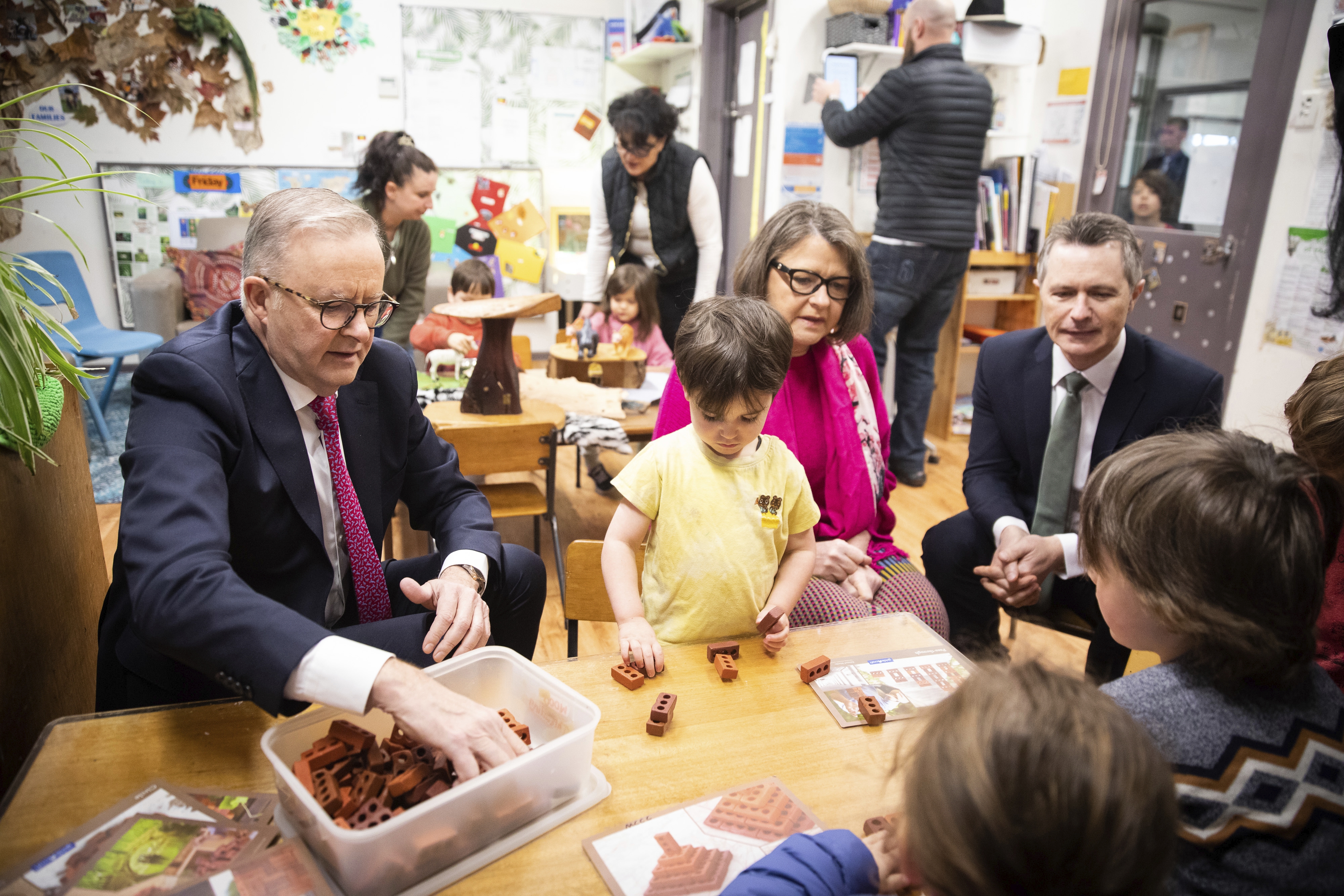 Prime Minister Anthony Albanese and Minister for Education Jason Clare at a childcare centre.