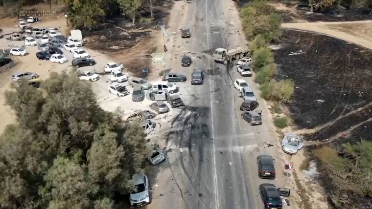 Drone footage posted by first responders showed the aftermath of the Hamas attack on the music festival.