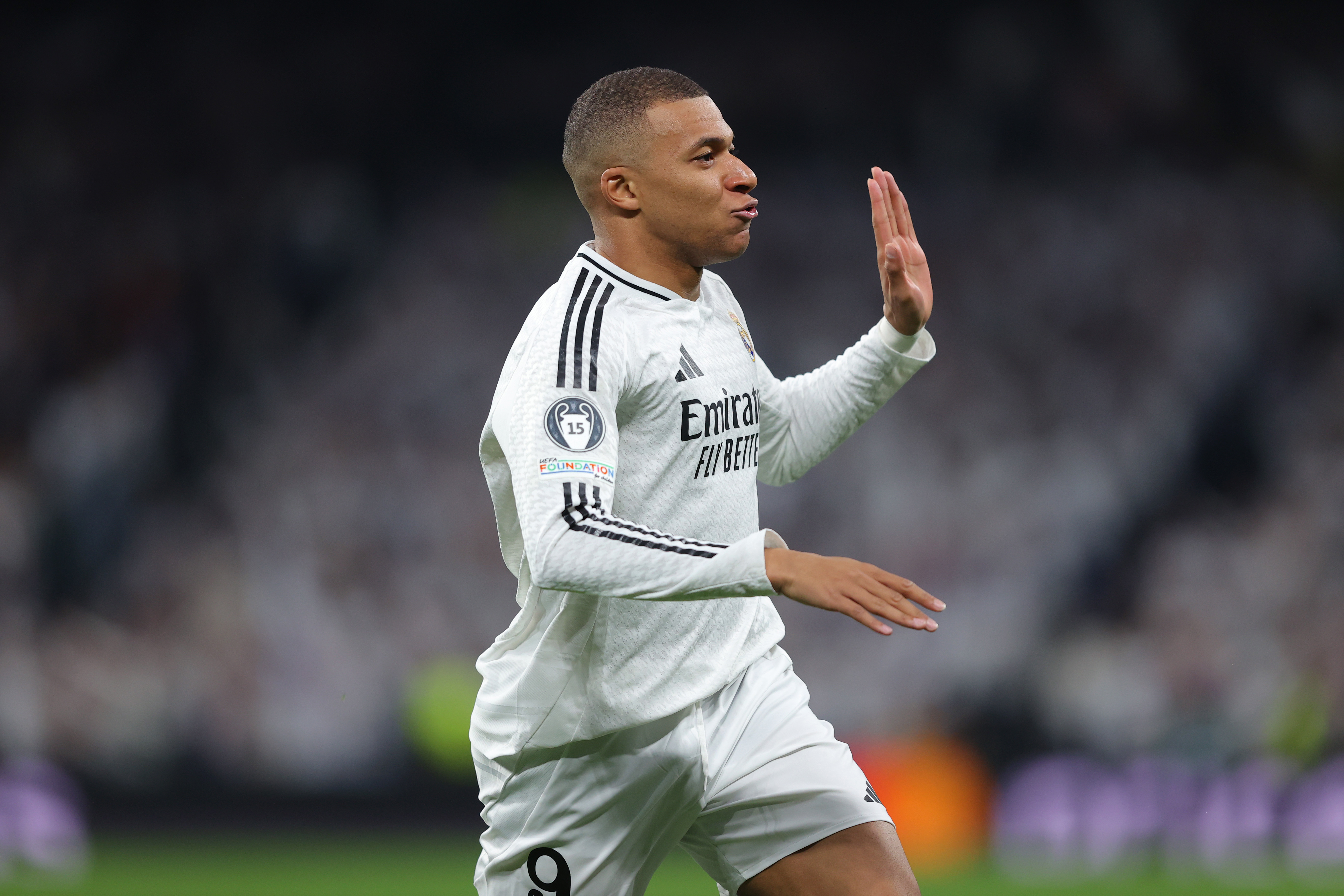 Kylian Mbappe of Real Madrid celebrates after scoring their first goal.