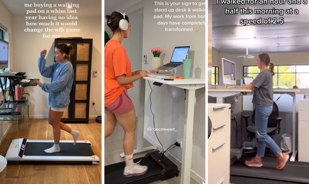 Screenshots from TikTok videos of women walking on desk treadmills