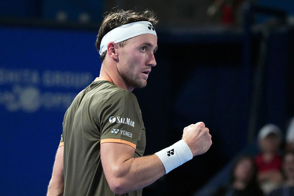 Casper Ruud of Norway celebrates after winning a point.